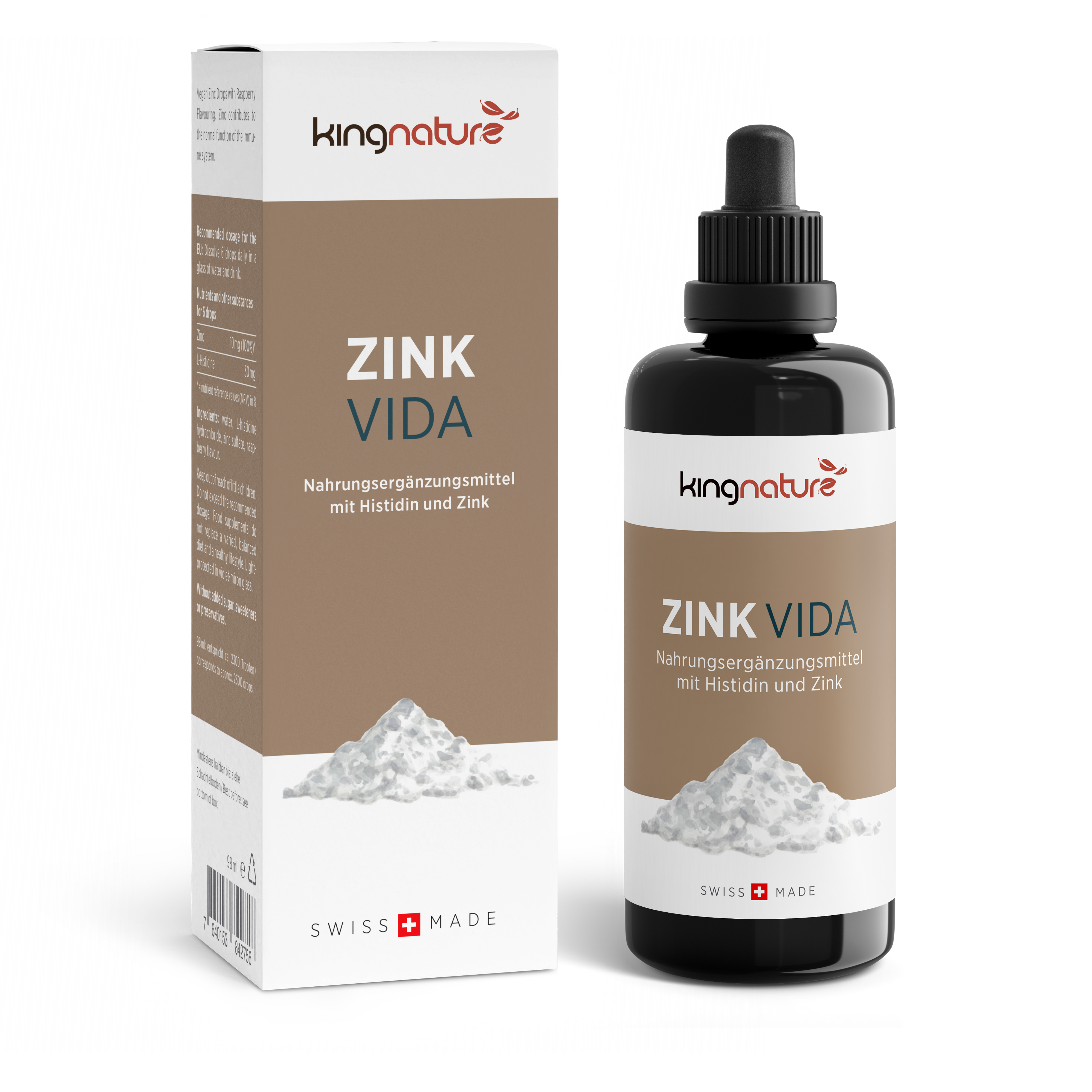 Produktverpackung von "ZINK VIDA" Nahrungsergänzungsmittel mit Histidin und Zink, dargestellt in einer Flasche und Karton, Swiss Made.