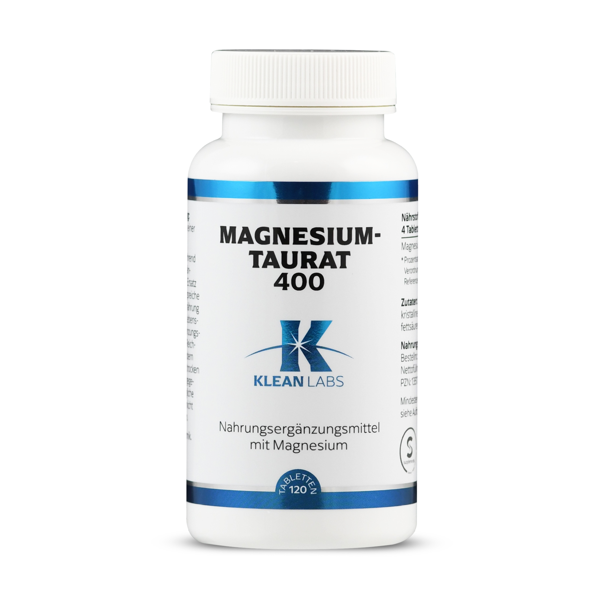 Weißes Fläschchen mit blauer Aufschrift "MAGNESIUM-TAURAT 400" und dem Logo von KLEAN LABS, enthält Nahrungsergänzungsmittel mit Magnesium.