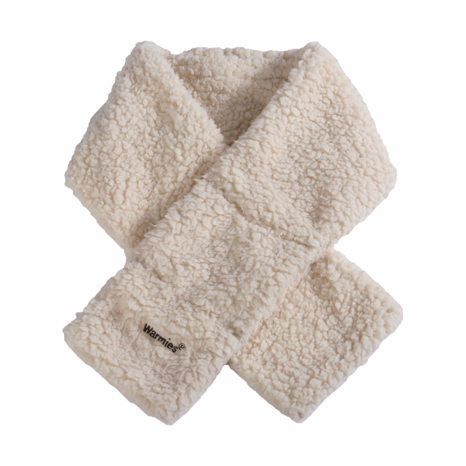 Ein weicher, weißer Schal aus Plüsch mit einem gestickten Logo.