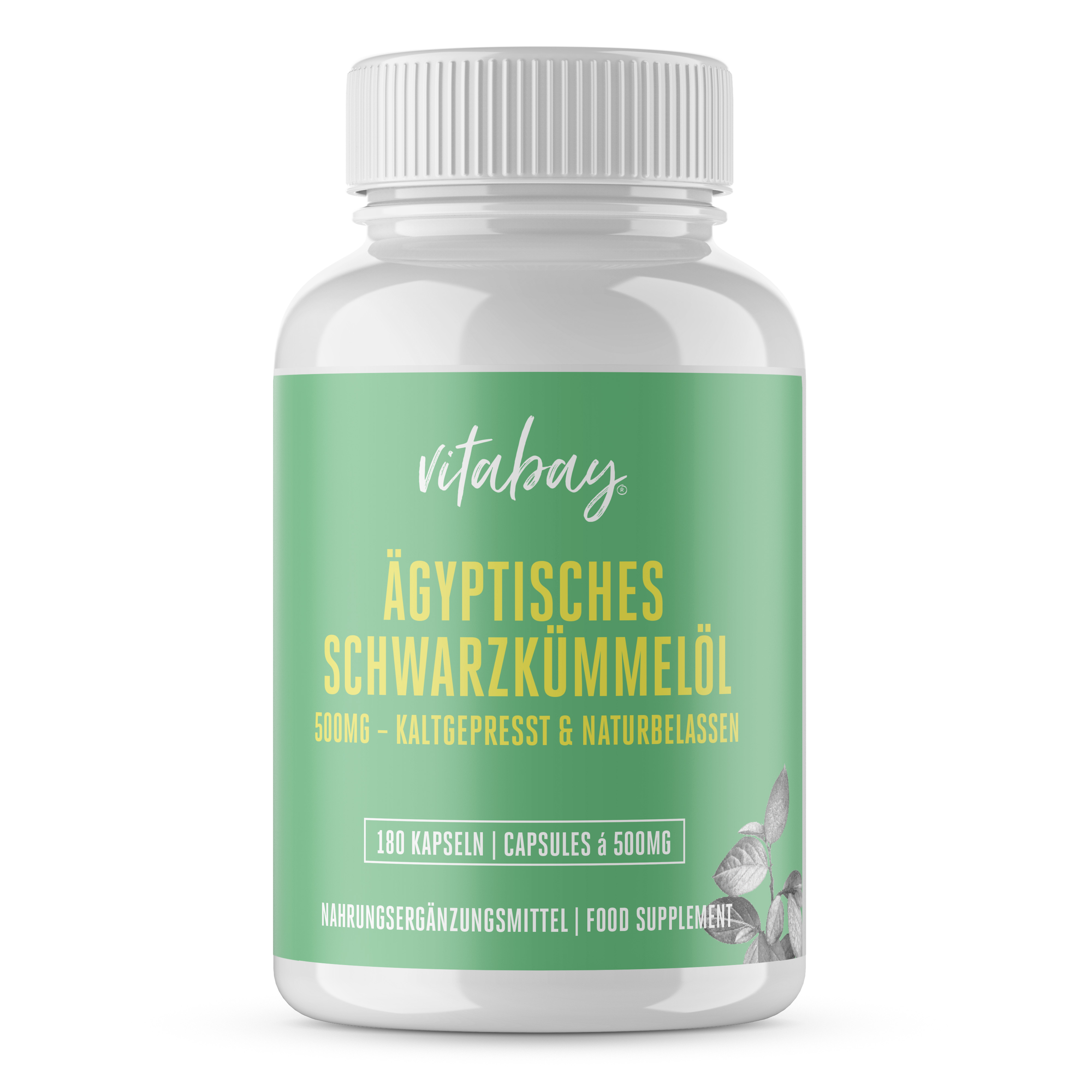 Flasche mit Ägyptischem Schwarzkümmelöl, 500 mg, 180 Kapseln, Kaltgepresst und Naturbelassen.