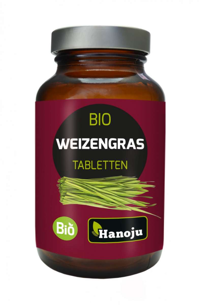 Braunes Glasgefäß mit Etikett, auf dem "BIO WEIZENGRAS TABLETTEN" und das Logo "Hanoju" steht.