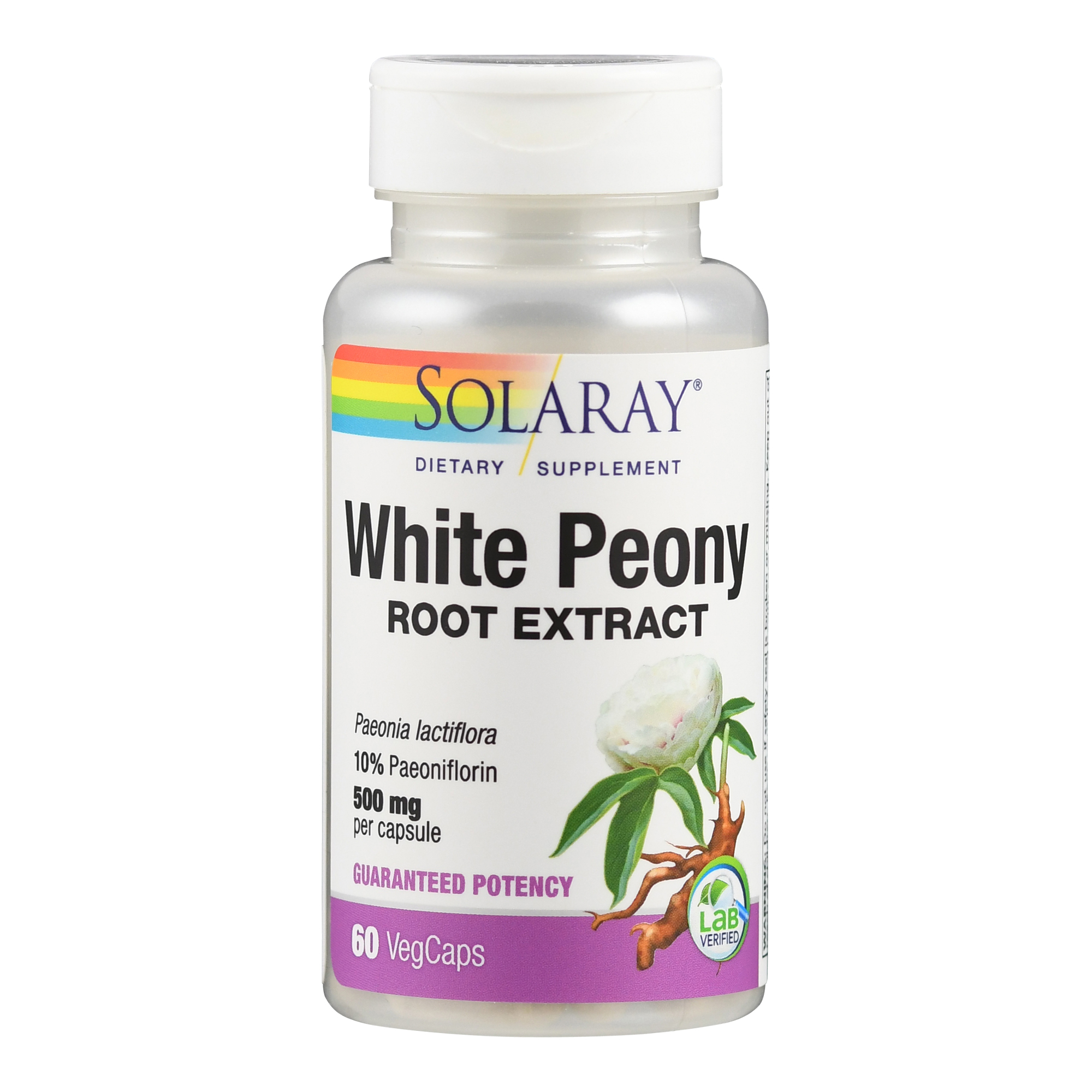 Flasche mit 60 Kapseln des Nahrungsergänzungsmittels "White Peony Root Extract" von Solaray.