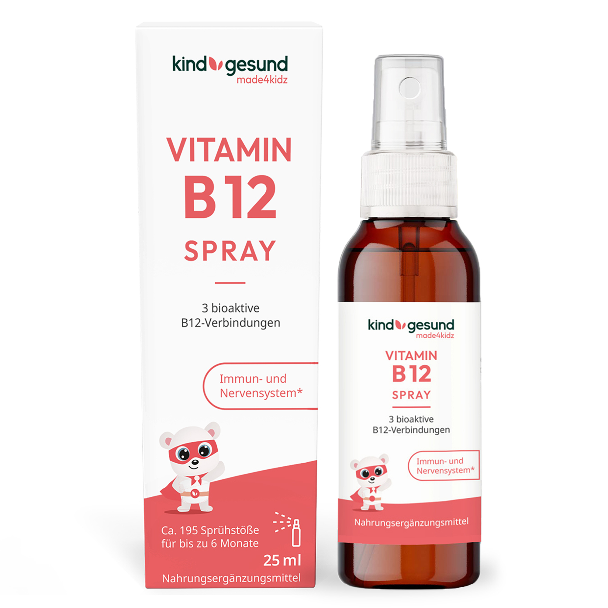 Produktverpackung von Kindgesund Vitamin B12 Spray in einer weißen und roten Box mit Abbildung eines Bären, daneben eine braune Sprühflasche.