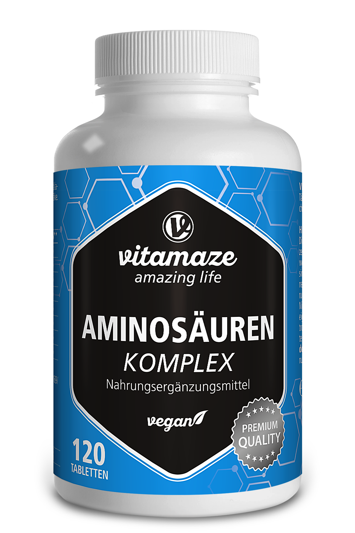 Produktbild einer Flasche mit Aminosäuren-Komplex von Vitamaze, 120 Tabletten, vegan.