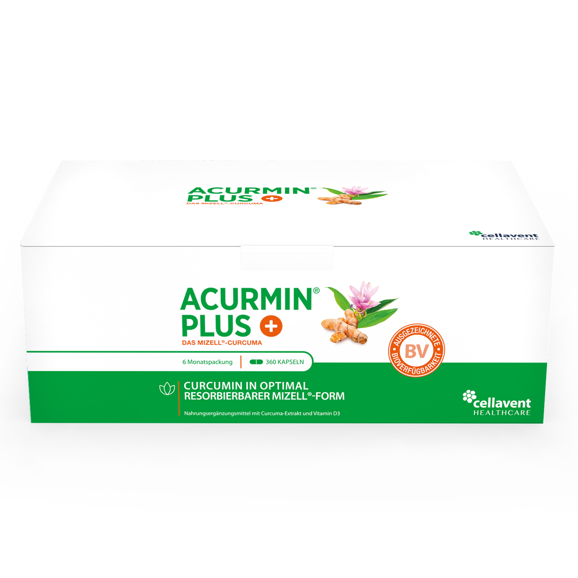 Verpackung des Produkts "Acumin Plus" mit Kurkuma und der Aufschrift "Curcumin in optimal resorbierbarer Mizell-Form".