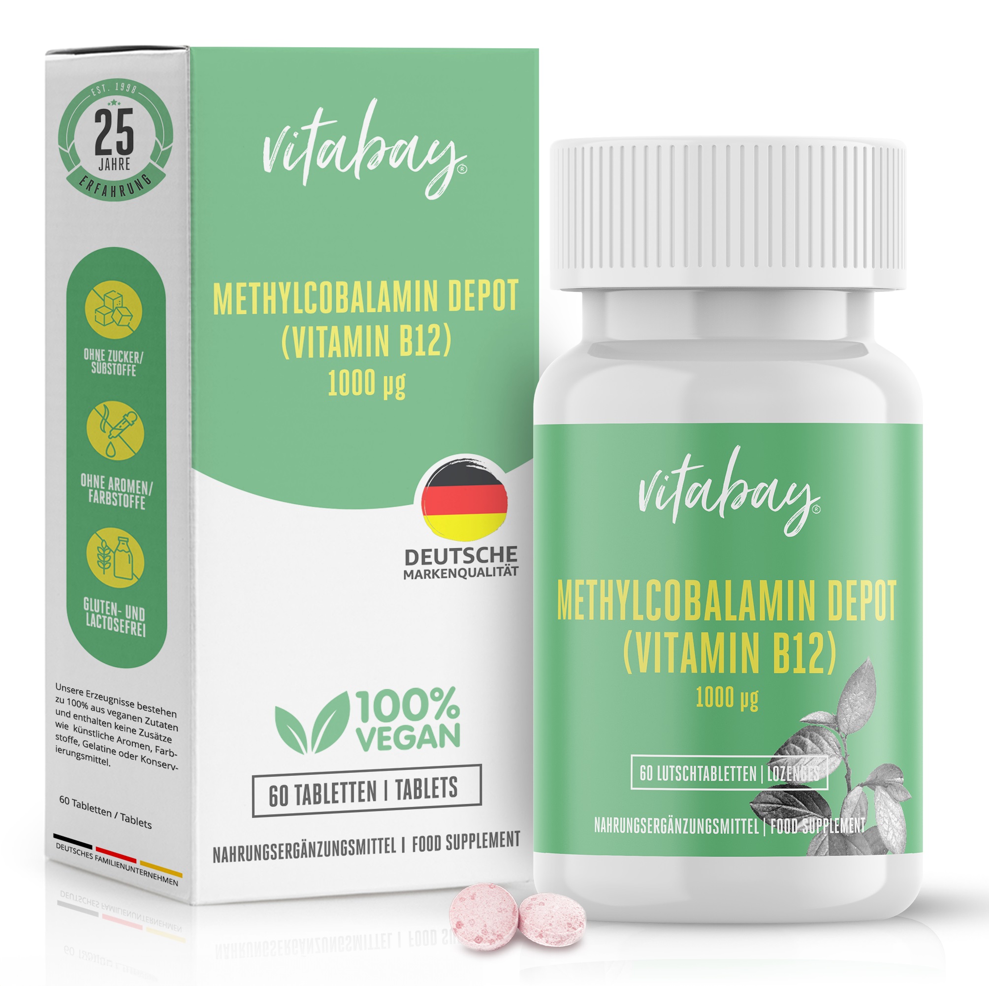 Produktverpackung von Vitabay Methylcobalamin Depot (Vitamin B12) 1000 µg mit Tabletten in der Vorderansicht.