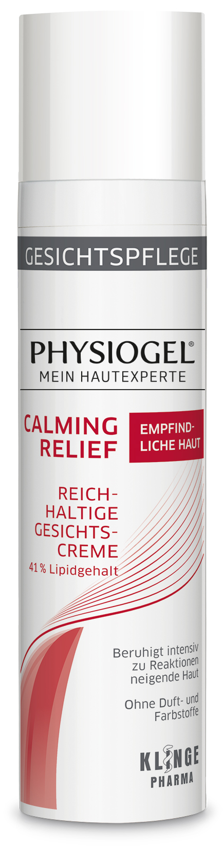Flasche mit Physiogel Calming Relief Gesichtscreme, die für empfindliche Haut geeignet ist.