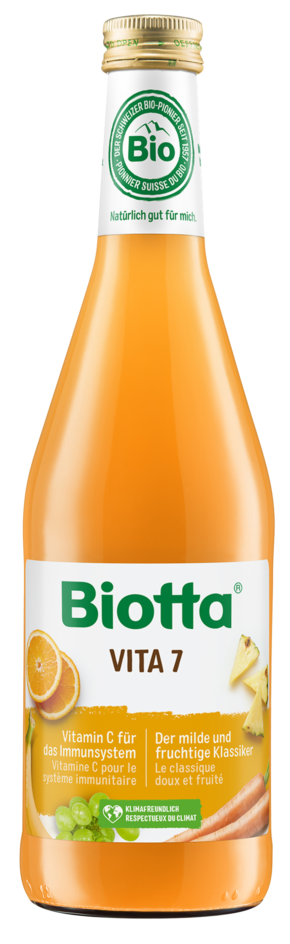 Flasche Biotta VITA 7 mit orangem Saft und Beschriftung über Vitamin C für das Immunsystem.