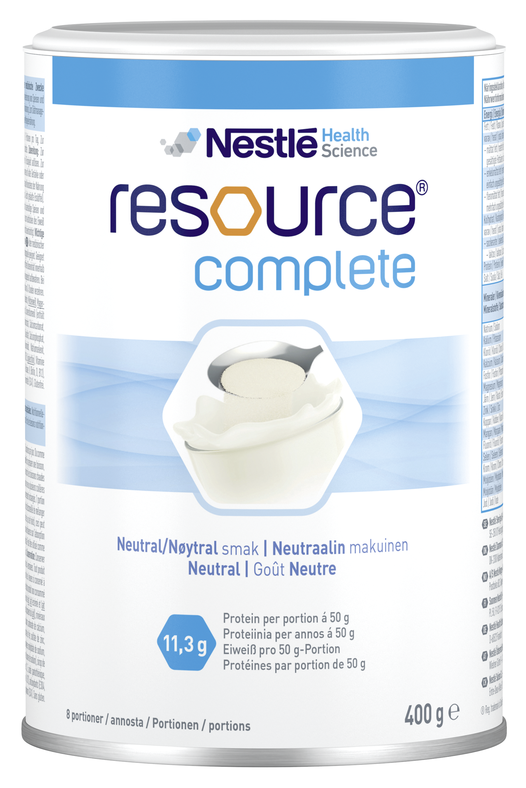 Dose mit Nestlé Resource Complete, neutraler Geschmack, 400 g, mit Nährstoffinformationen.
