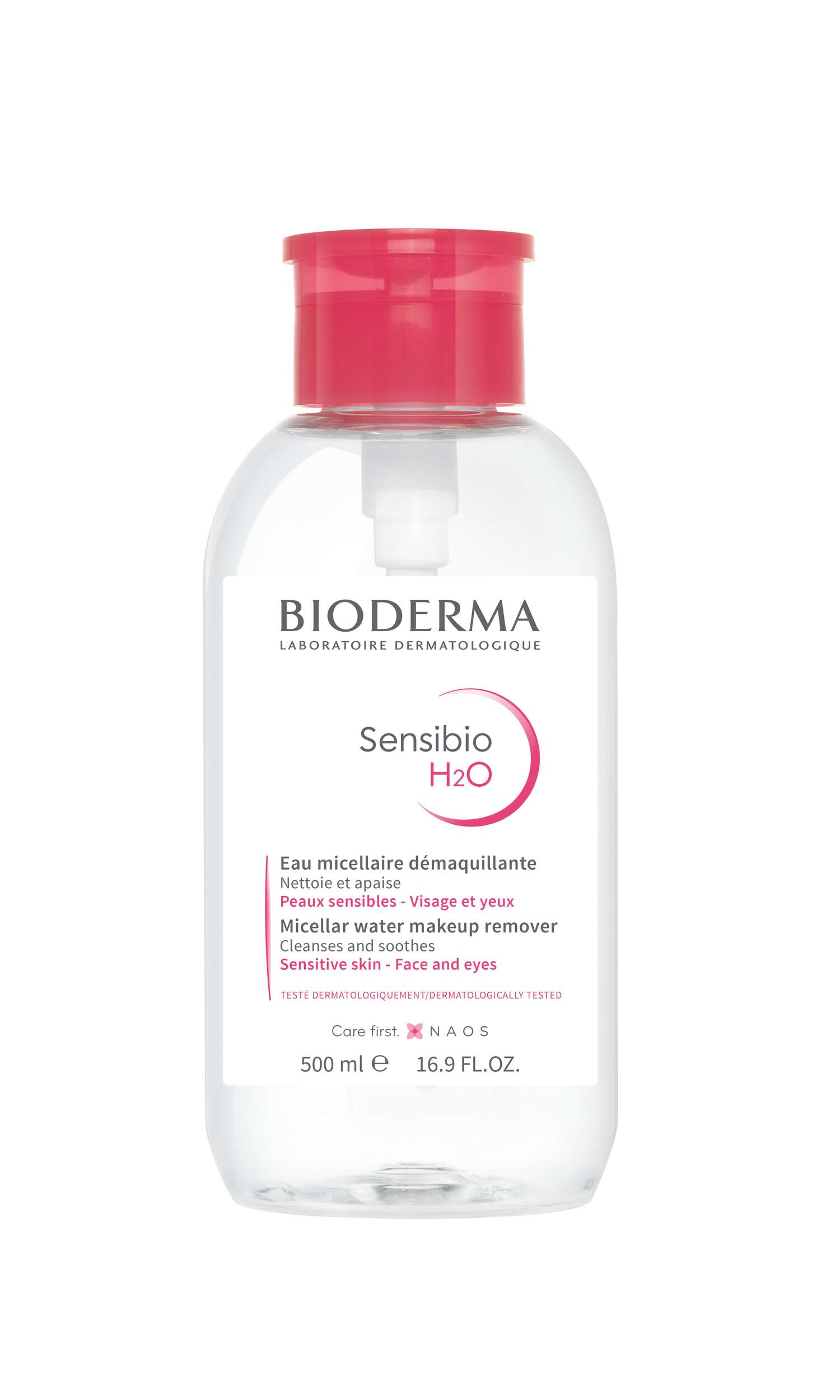 Flasche Bioderma Sensibio H2O, 500 ml, mit rosa Verschluss und Etikett in Englisch und Französisch.