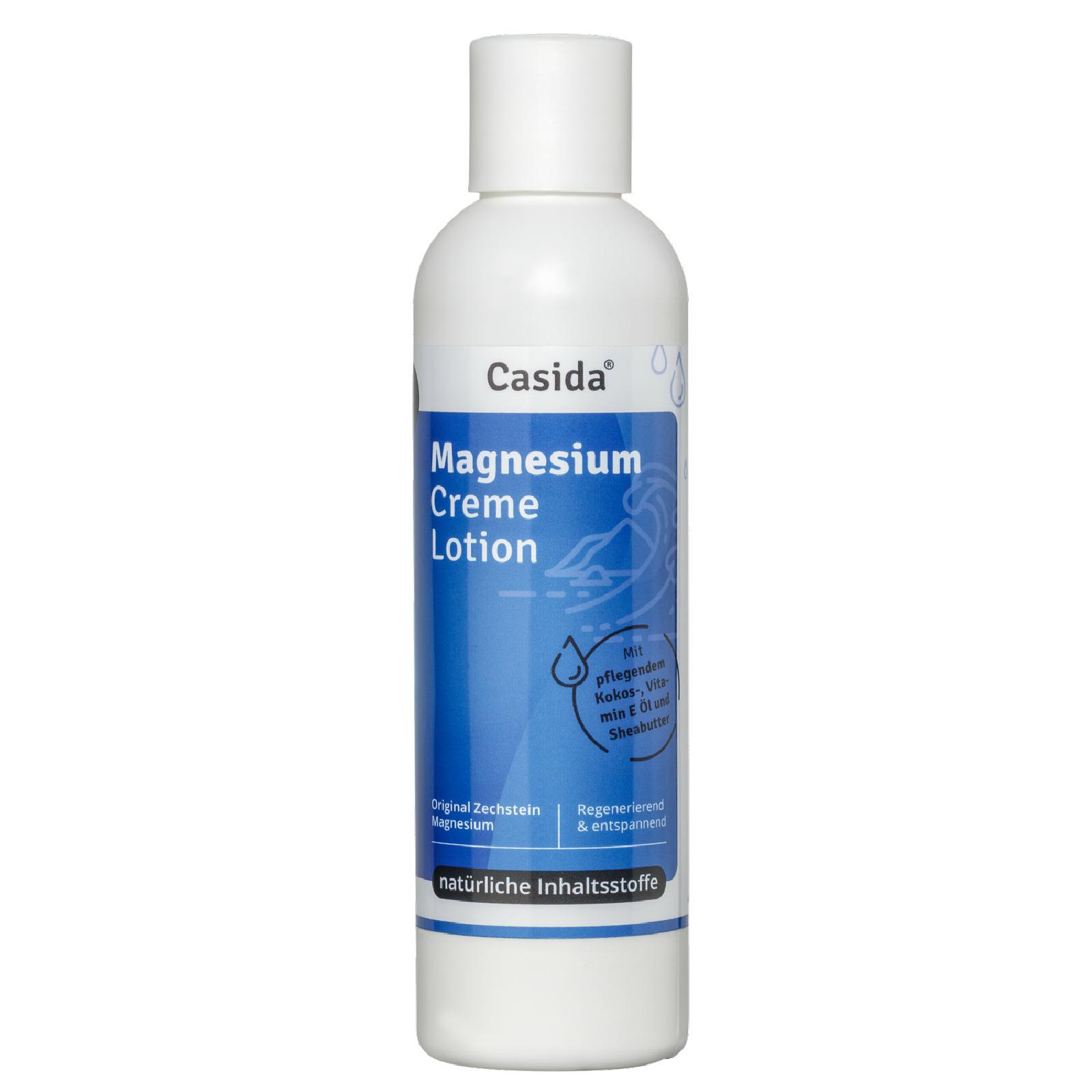 Flasche mit Casida Magnesium Creme Lotion, die für Pflege und Entspannung sorgt.