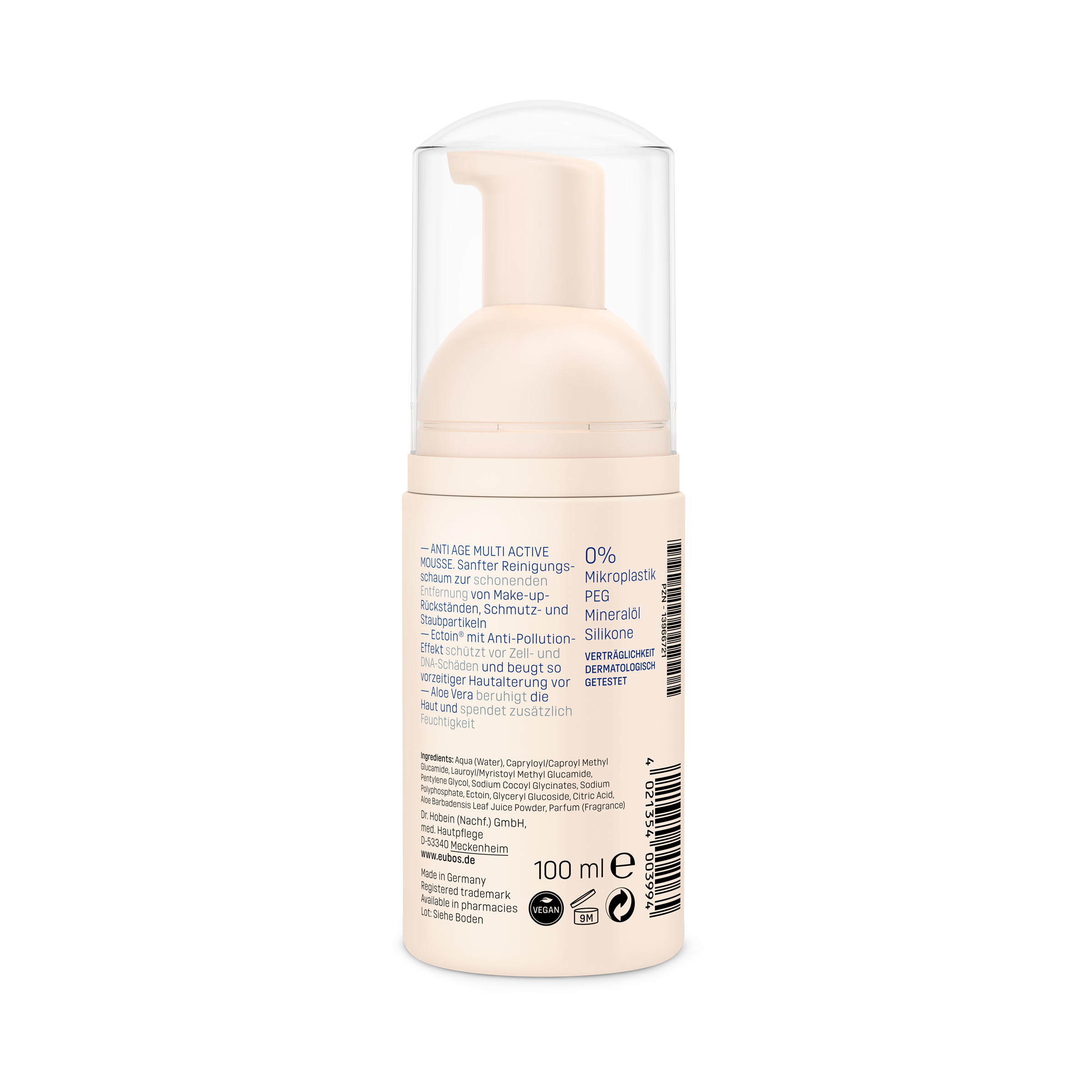 Flasche mit Pumpspender für Reinigungsschaum, beschriftet mit Inhaltsstoffen und Anwendungshinweisen, 100 ml.
