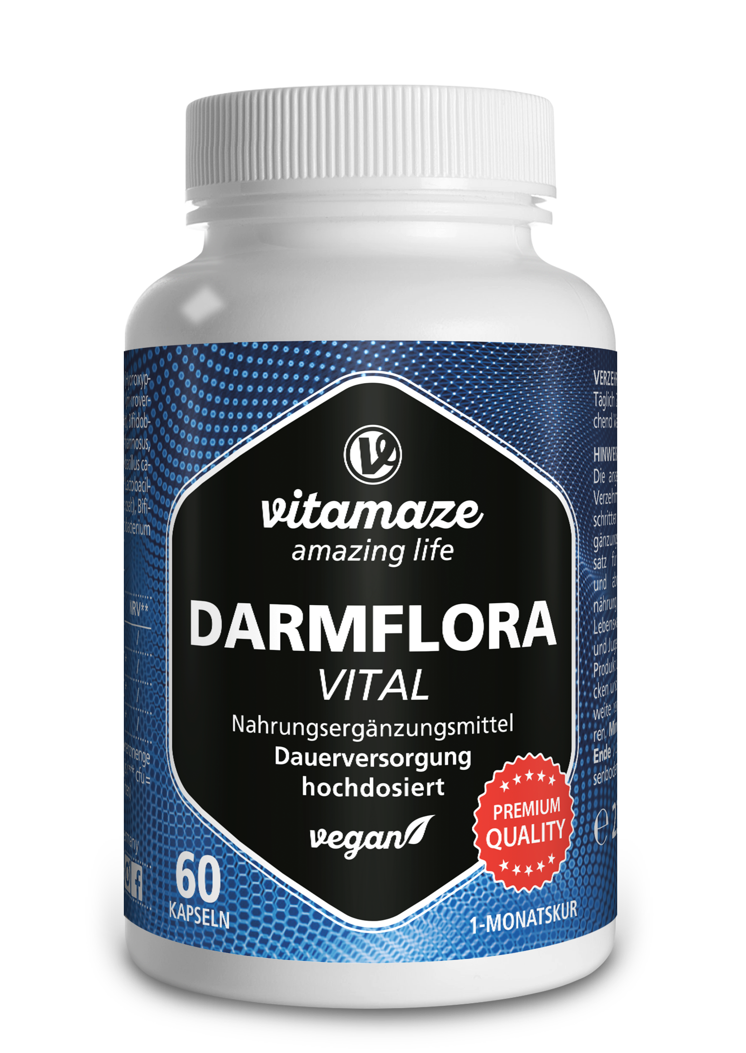 Flasche mit Nahrungsergänzungsmittel "DARMFLORA VITAL" von vitamazé, 60 Kapseln, vegan.