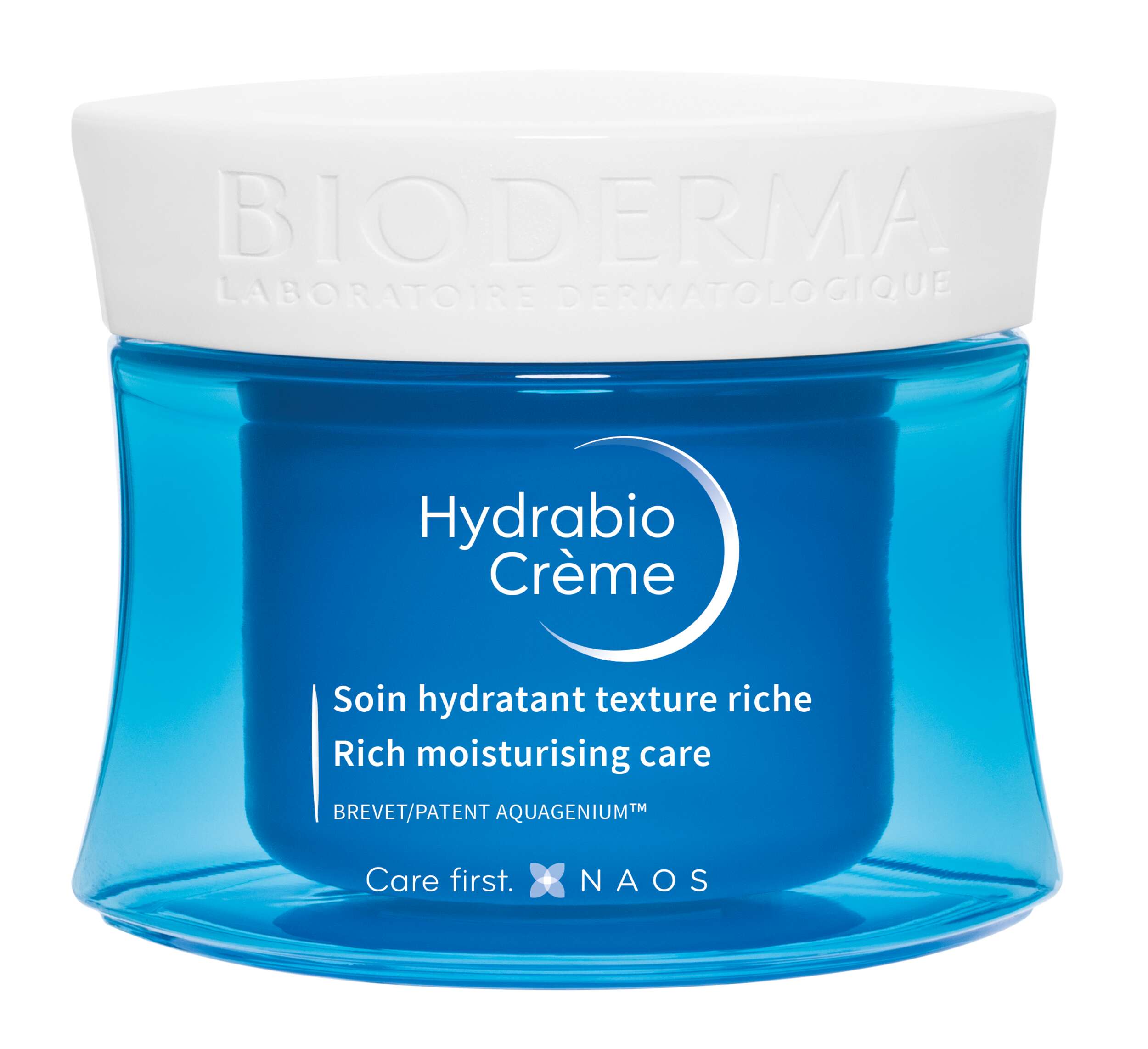 Ein Glasbehälter mit blauer Creme und weißem Deckel, beschriftet mit "Bioderma Hydrabio Crème" und zusätzlichen Informationen zu den Inhaltsstoffen.