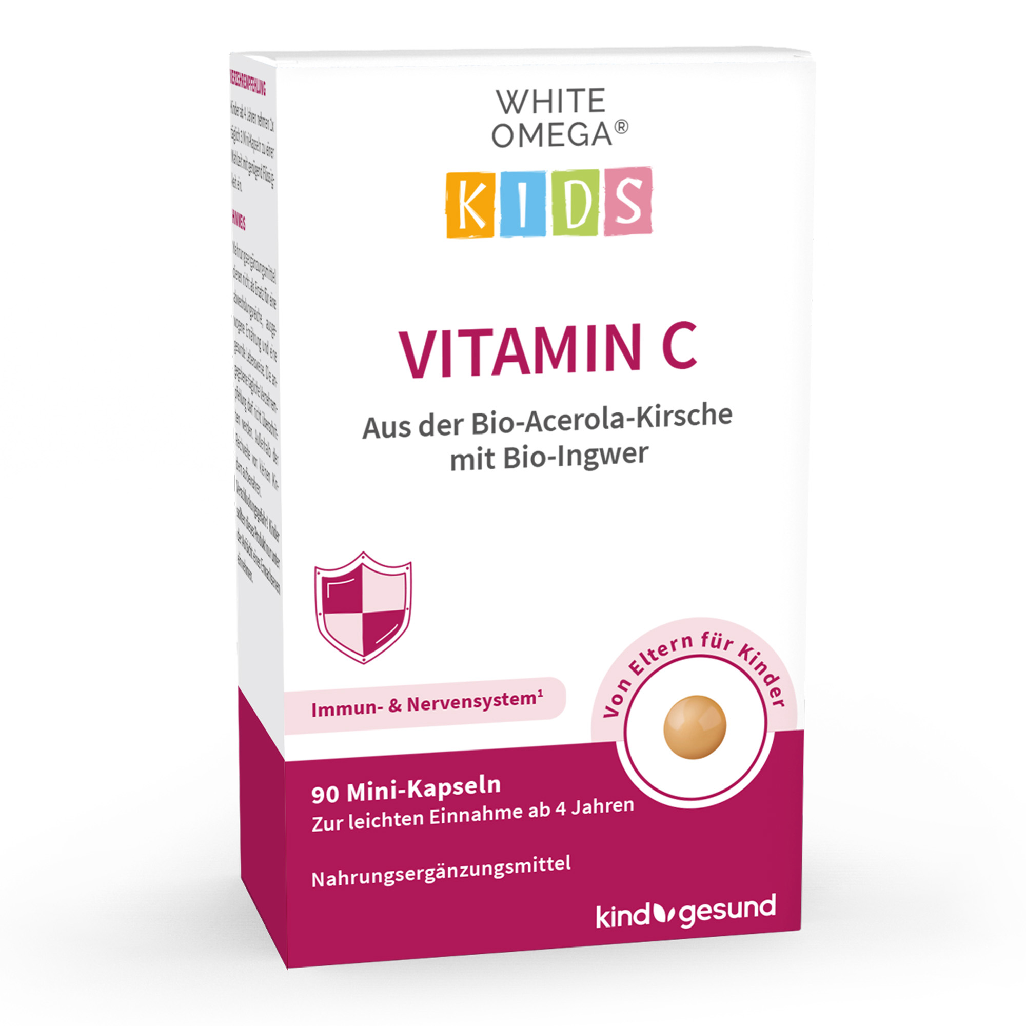 Verpackung von White Omega Kids Vitamin C aus Bio-Acerola-Kirsche mit Bio-Ingwer, 90 Mini-Kapseln.