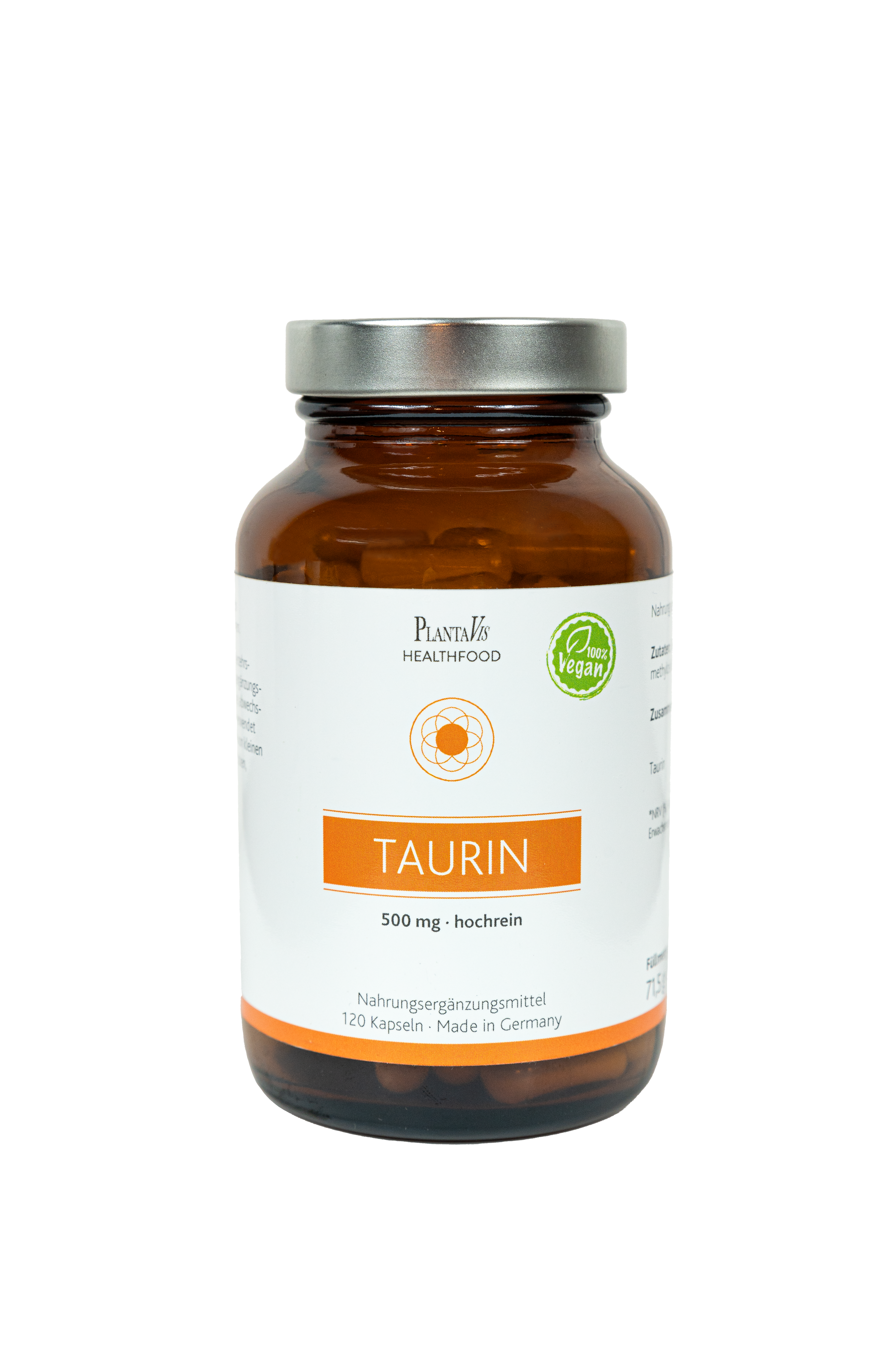 Braunem Glasbehälter mit weißem Etikett und orangefarbener Aufschrift für Taurin, 500 mg, 120 Kapseln.