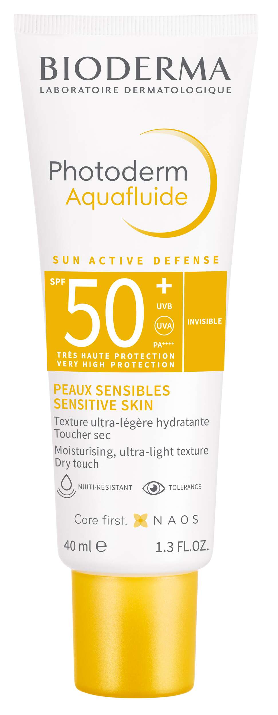 Sonnencreme Bioderma Photoderm Aquafluide mit SPF 50+, geeignet für empfindliche Haut, 40 ml. Verpackung in weißer Tube mit gelben Akzenten.