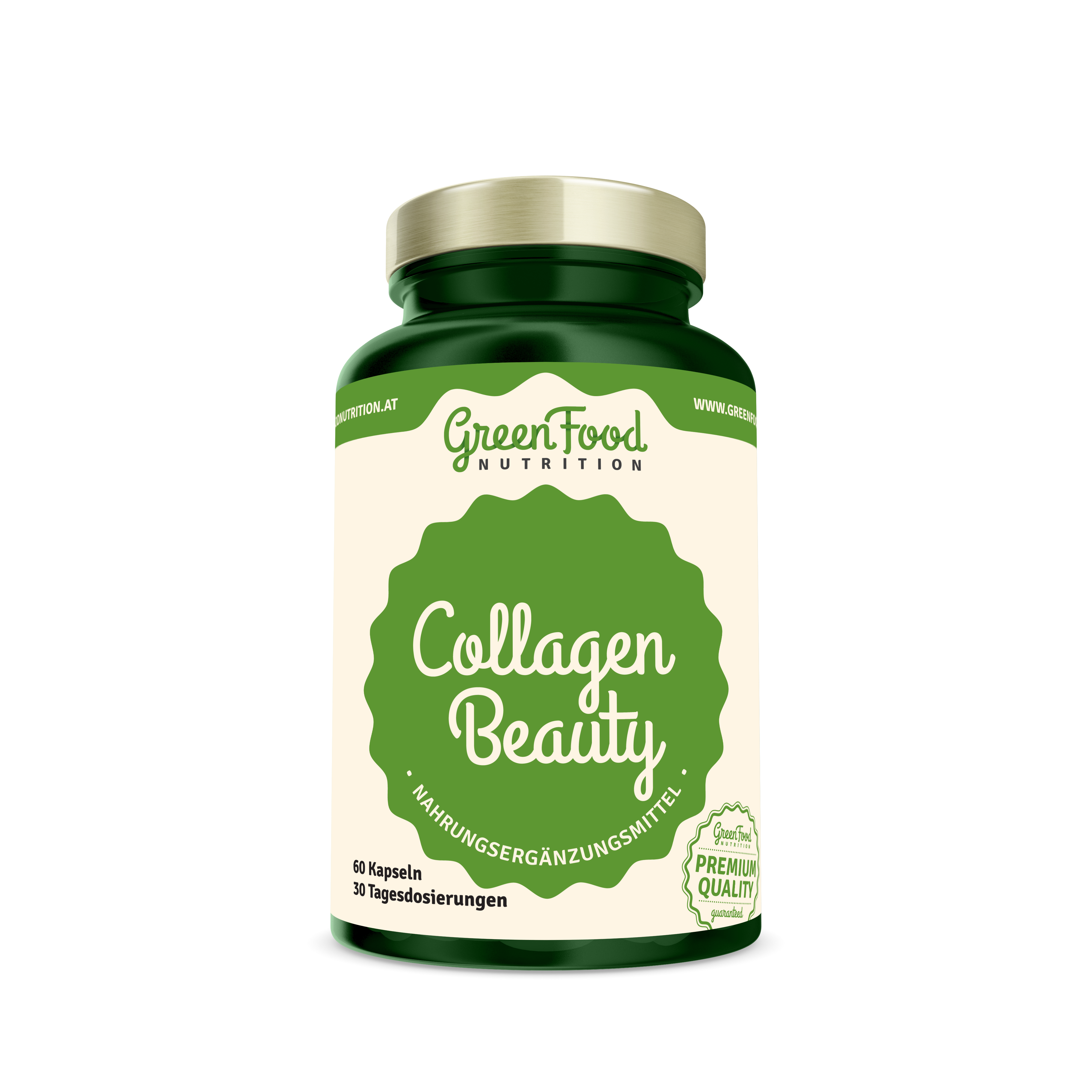 Grüner Nahrungsergänzungsmittelbehälter mit der Beschriftung "Collagen Beauty" und Informationen zu Kapseln und Dosierungen.