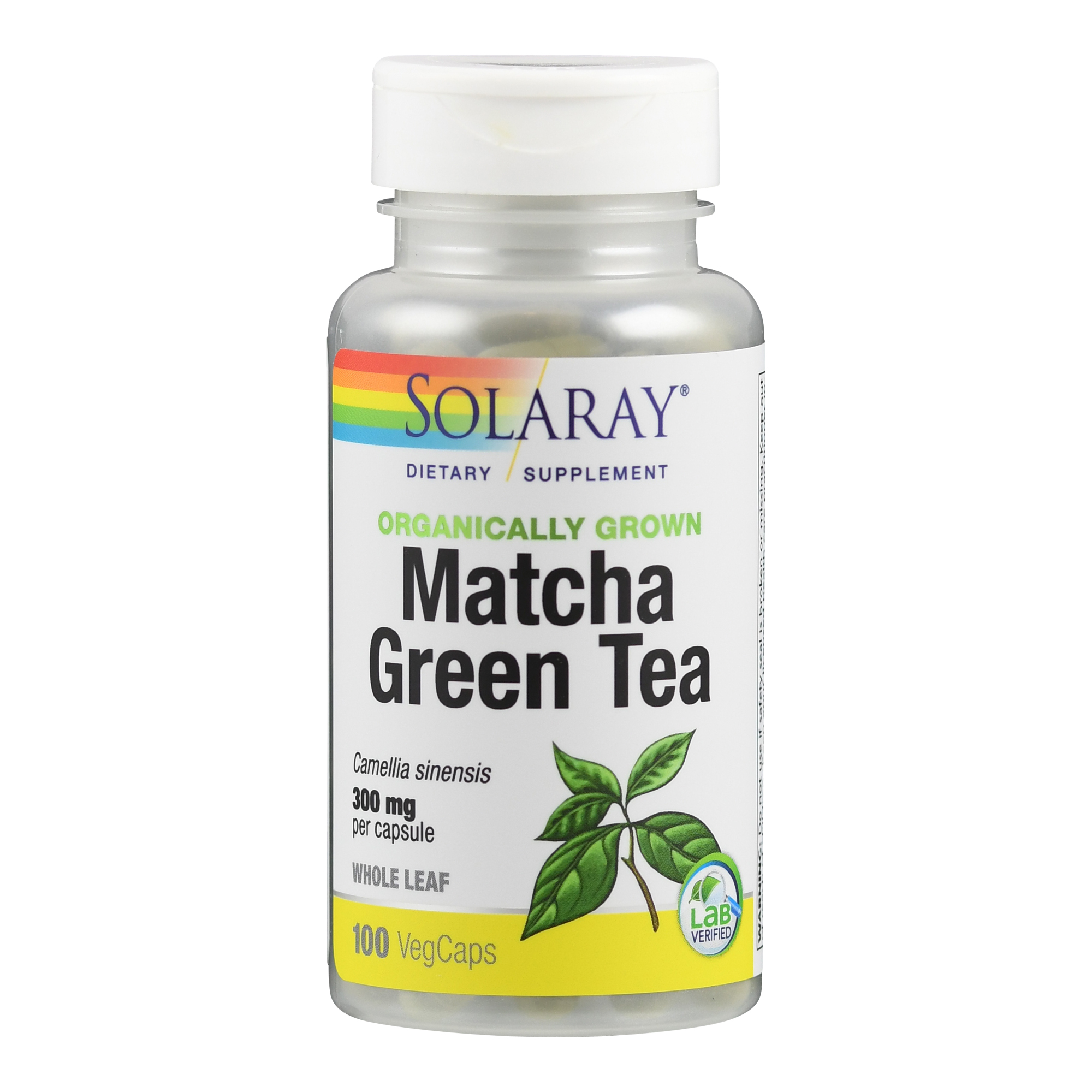 Flasche mit Nahrungsergänzungsmittel "Matcha Green Tea" von Solaray, 100 Kapseln.