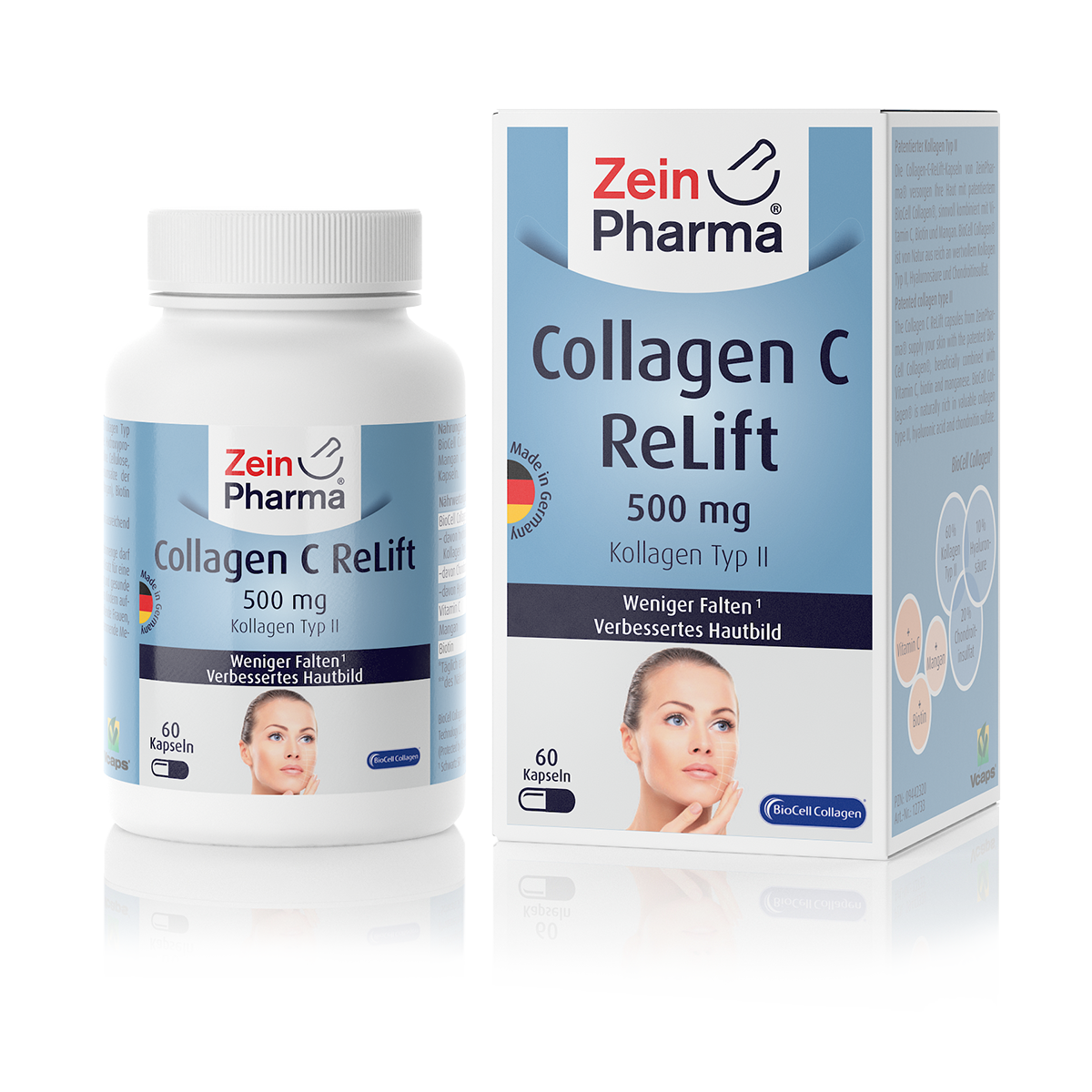 Flasche mit dem Produkt "Collagen C ReLift" von Zein Pharma, 500 mg, 60 Kapseln, neben einer Packung mit ähnlicher Beschreibung.