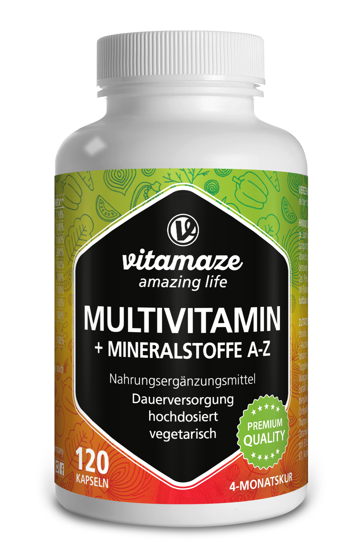 Flasche mit Multivitaminen und Mineralstoffen A-Z von Vitamaze, 120 Kapseln, vegetarisch.