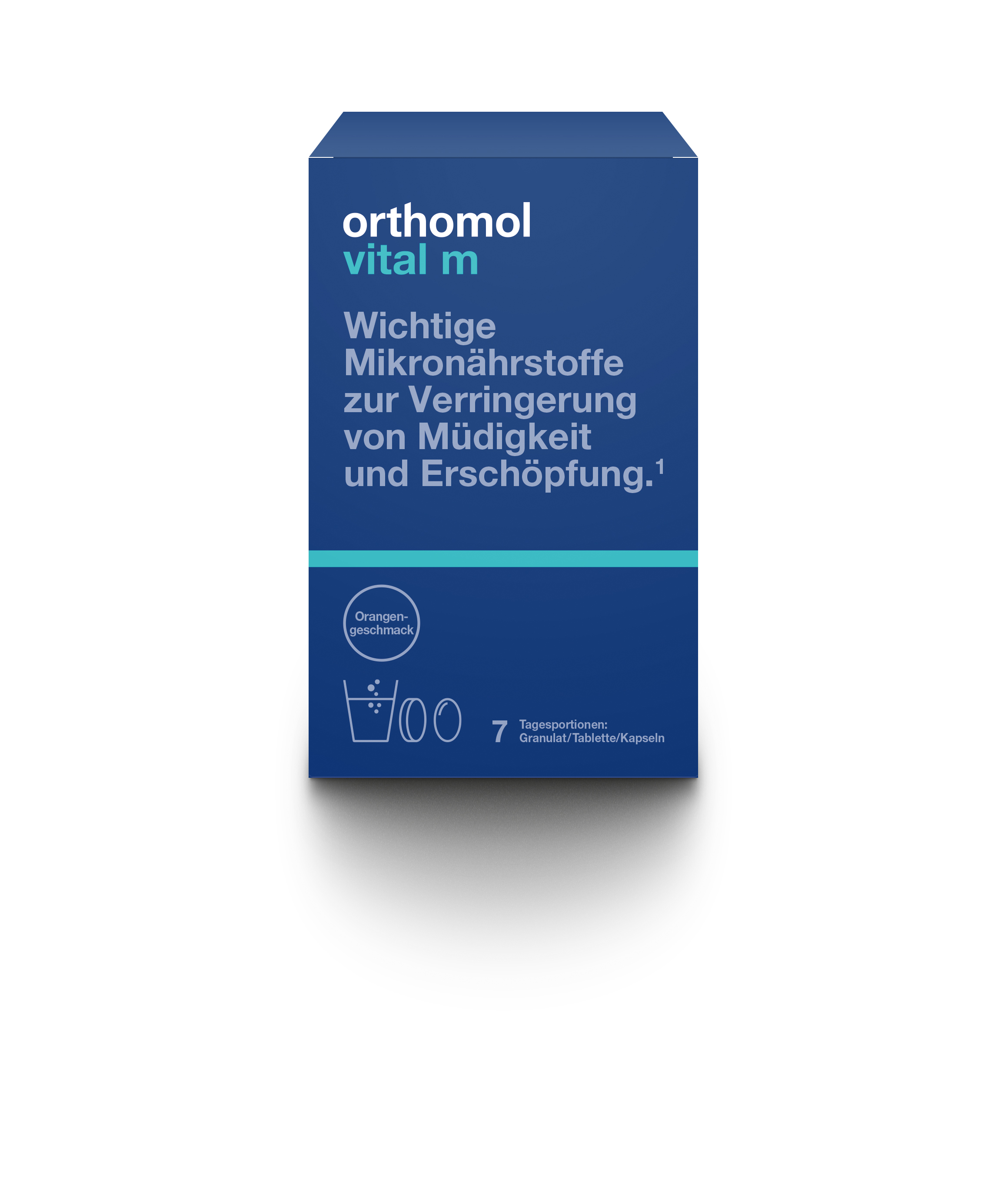 Verpackung von Orthomol Vital M mit dem Hinweis auf Mikronährstoffe zur Verringerung von Müdigkeit und Erschöpfung.