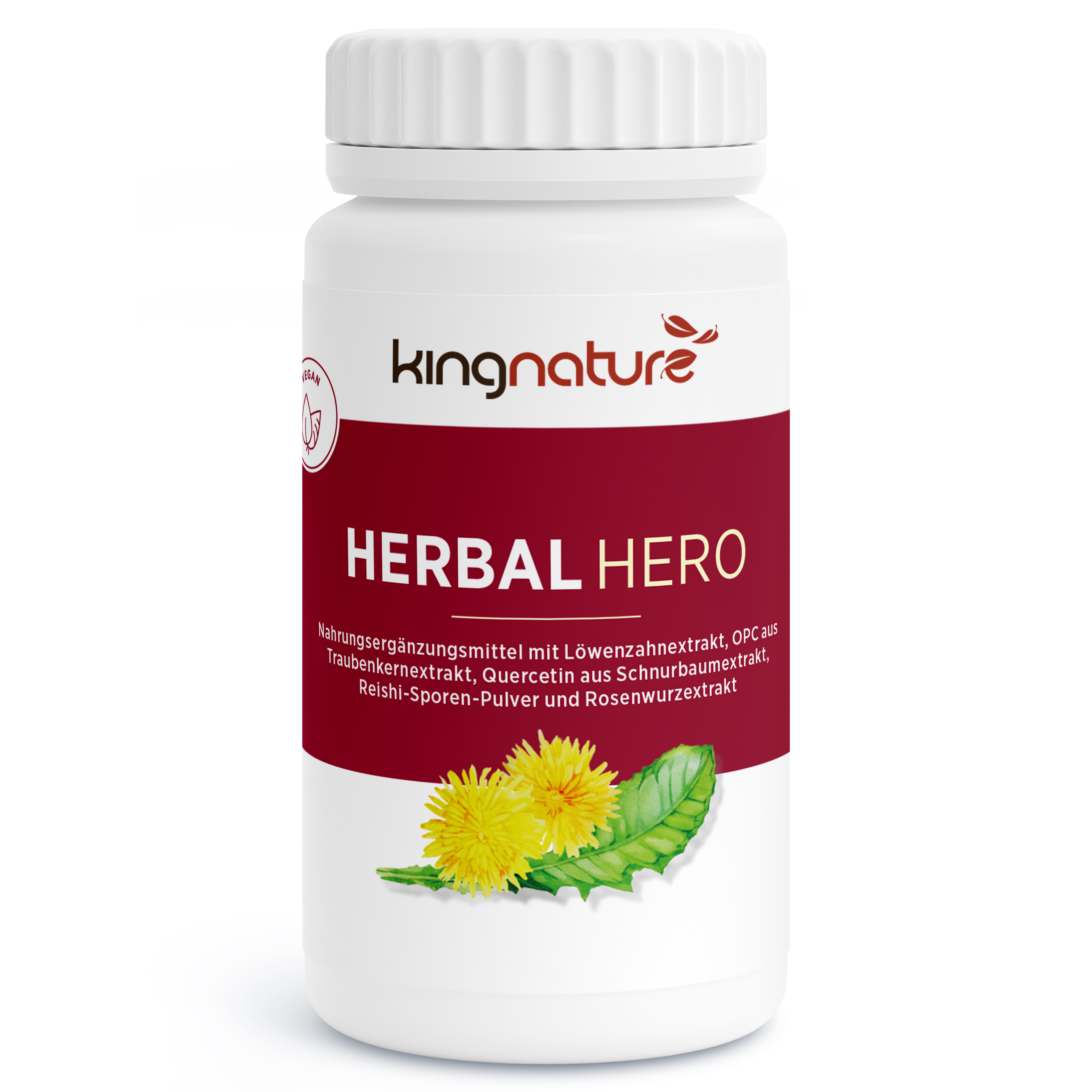 Weiße Flasche mit rotem Etikett, beschriftet mit "HERBAL HERO" und dem Logo von Kingnature.