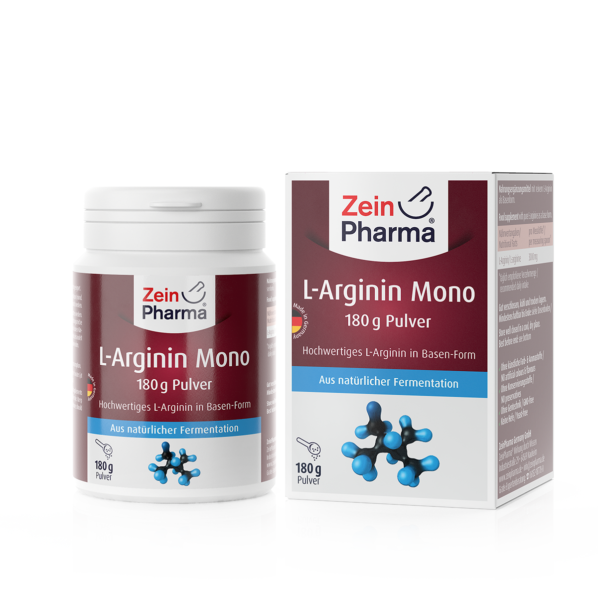 Produktabbildung von L-Arginin Mono Pulver in einem weißen Behälter und einer Verpackung, beide mit der Aufschrift "Zein Pharma" und Hinweisen zur Verwendung.