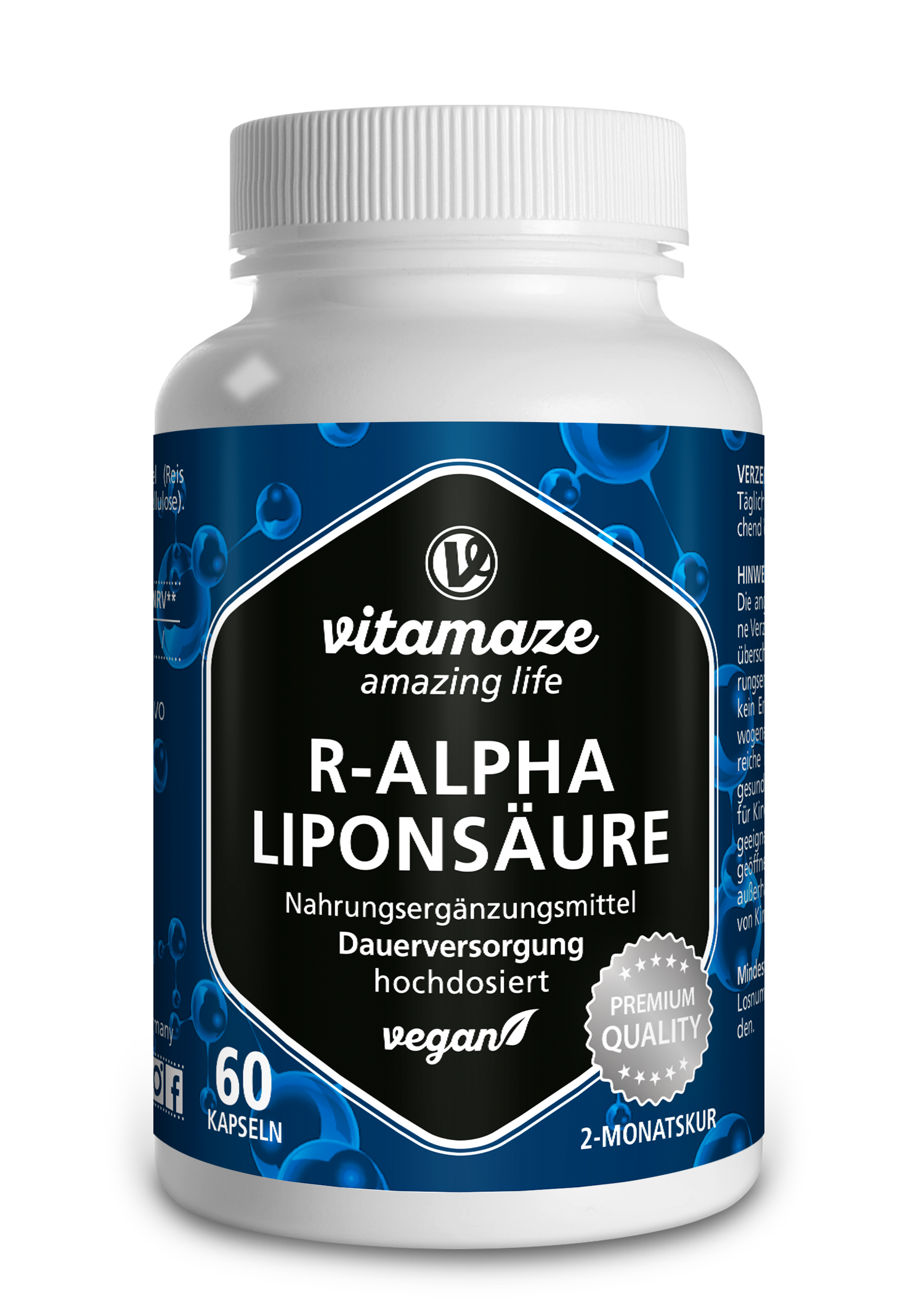 Flasche mit R-Alpha-Liponsäure Nahrungsergänzungsmittel, 60 Kapseln, vegan.
