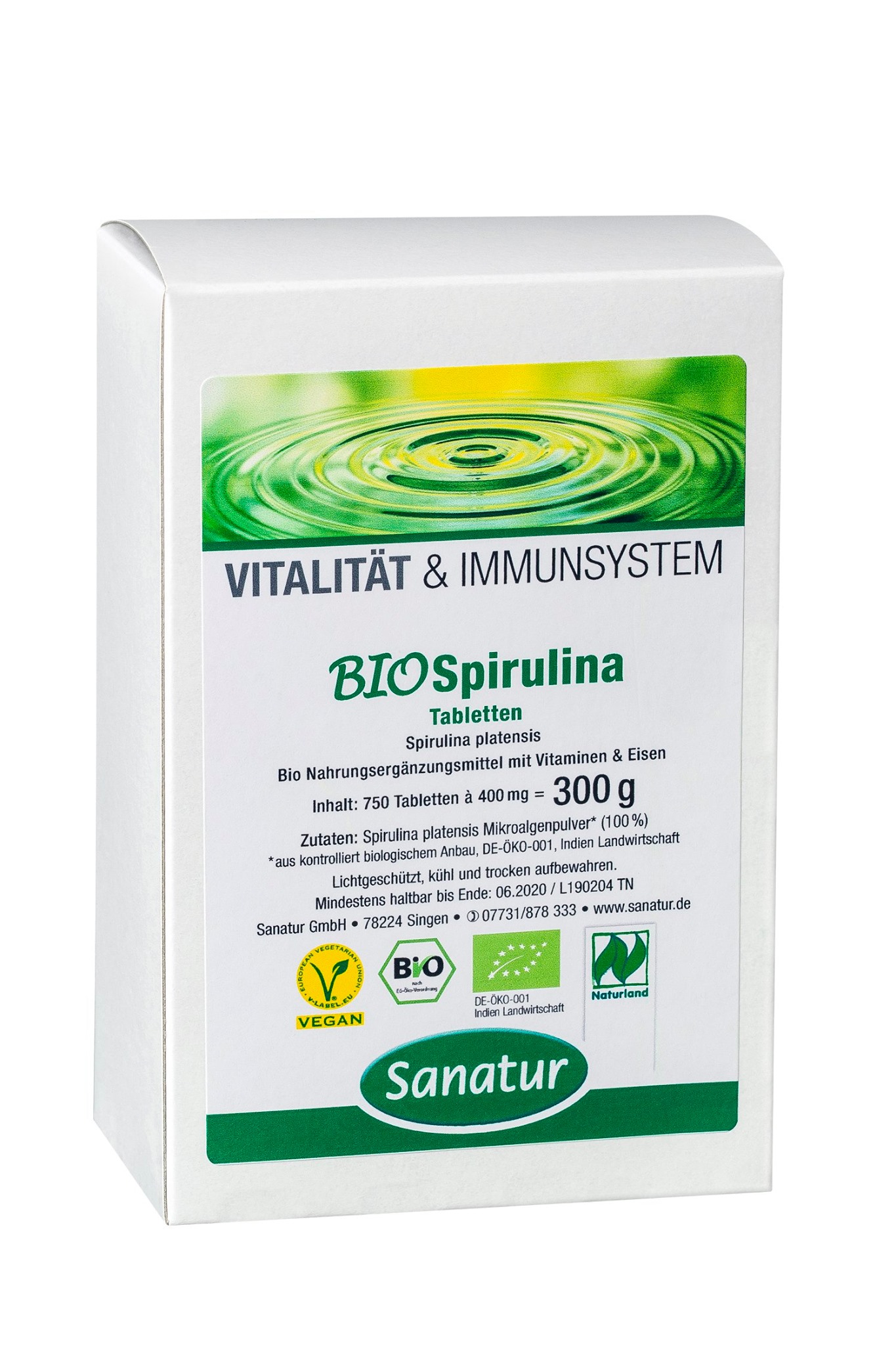 Verpackung von BIO Spirulina Tabletten mit Angaben zu Inhaltsstoffen und Nährwerten.