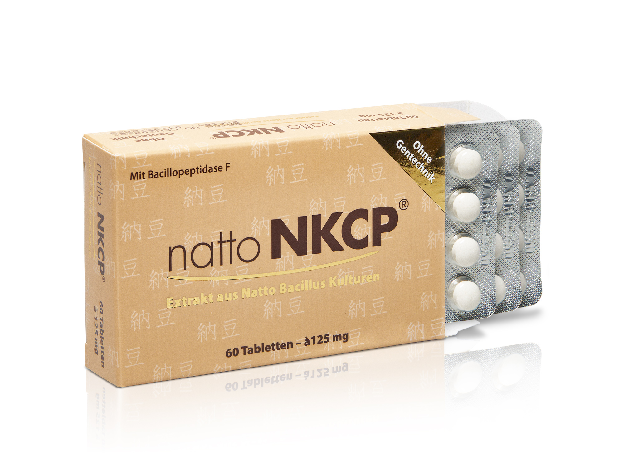 Packung mit 60 Natto NKCP Tabletten, die aus Natto Bacillus Kultur hergestellt sind.