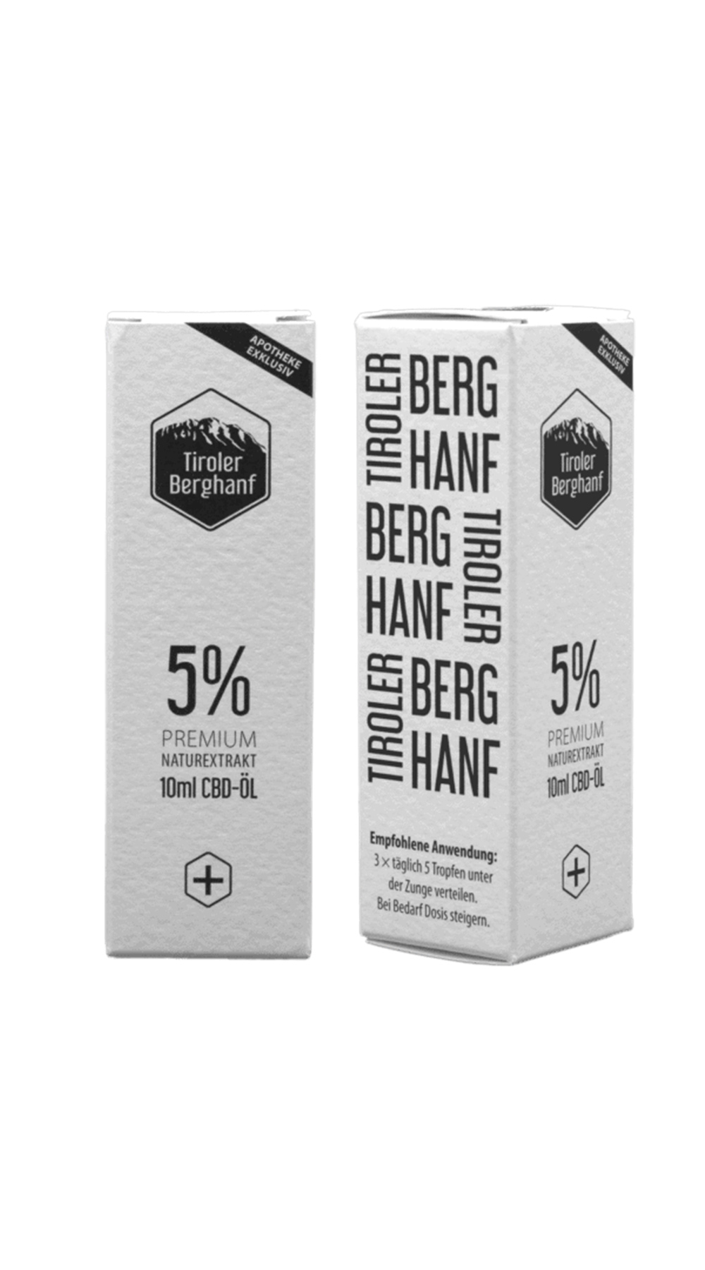 Zwei Verpackungen für 10 ml CBD-Öl mit der Aufschrift "Tiroler Berghanf", 5% Premium Naturprodukt.