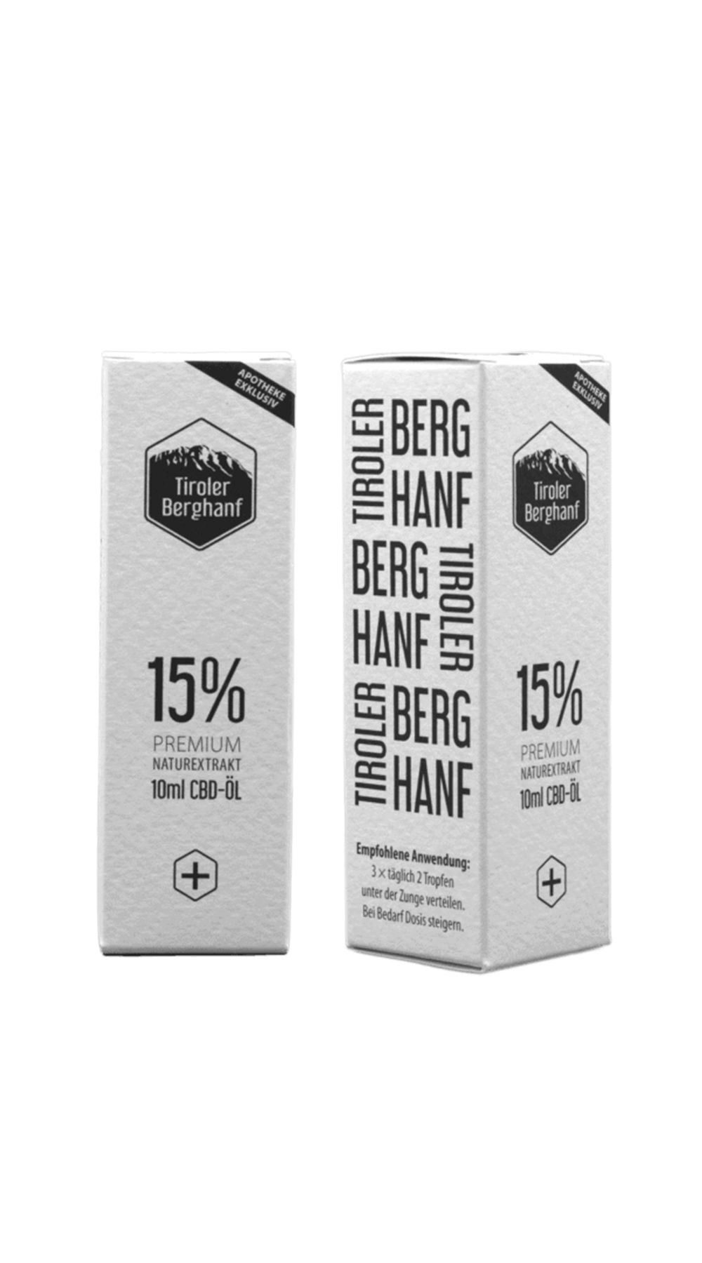 Zwei Verpackungen für 10ml CBD-Öl mit 15% Premium-Naturqualität von Tiroler Berghanf.