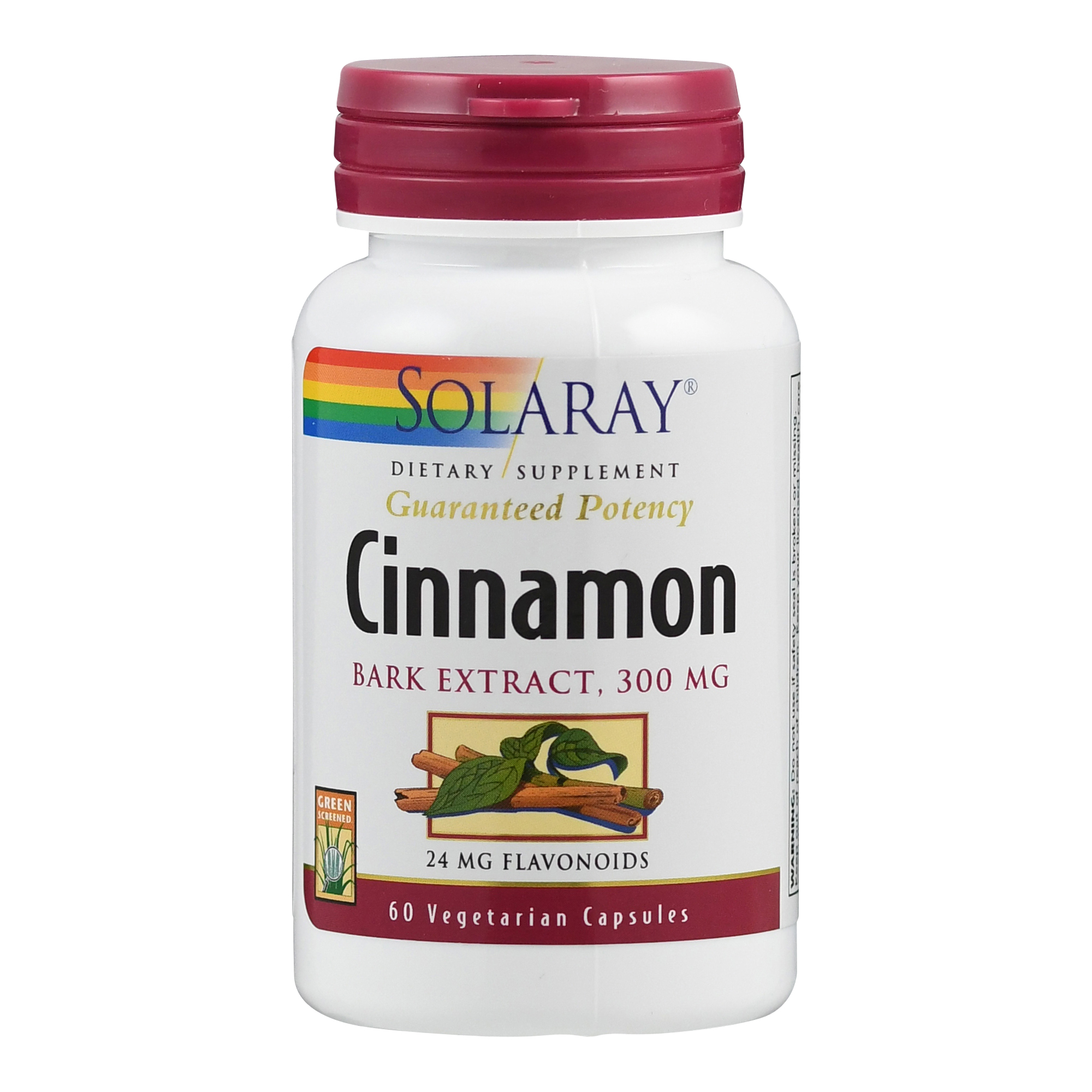 Weißes Fläschchen mit rotem Deckel, beschriftet mit "Solaray Cinnamon Bark Extract, 300 MG", enthält 60 vegetarische Kapseln.