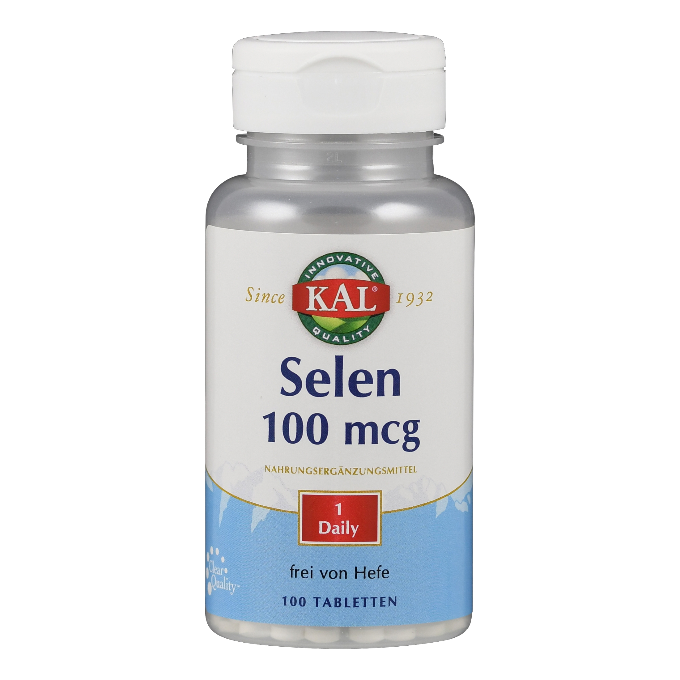 Flasche mit Nahrungsergänzungsmittel Selen, 100 mcg, 100 Tabletten, Marke KAL.
