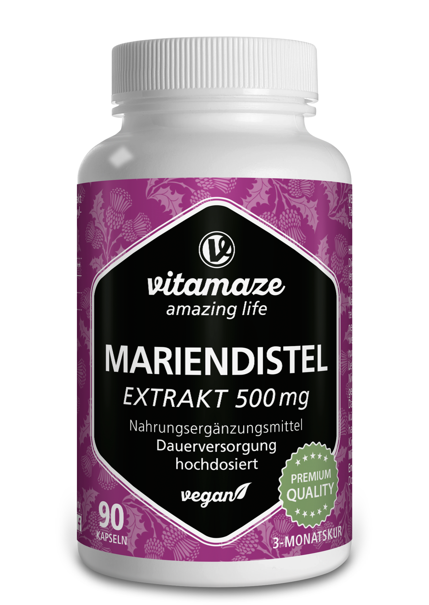 Flasche mit Nahrungsergänzungsmittel Marien-Distel-Extrakt 500 mg, 90 Kapseln, vegan, mit lila gestaltetem Etikett.