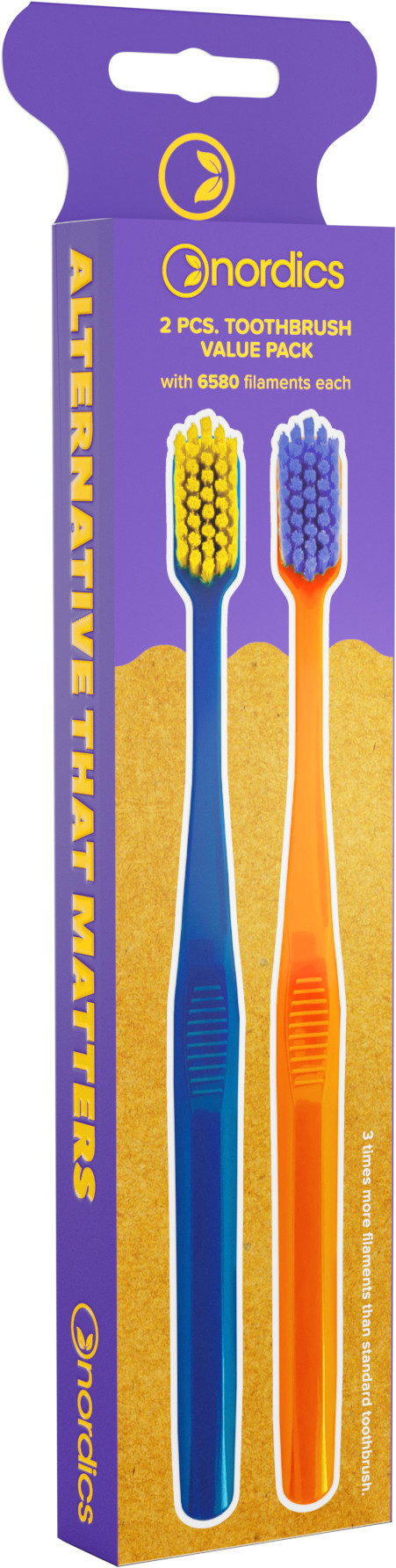 Zwei Zahnbürsten in einem Verpackungseinheit, eine blau und eine orange, mit der Aufschrift „Alternative that matters“.