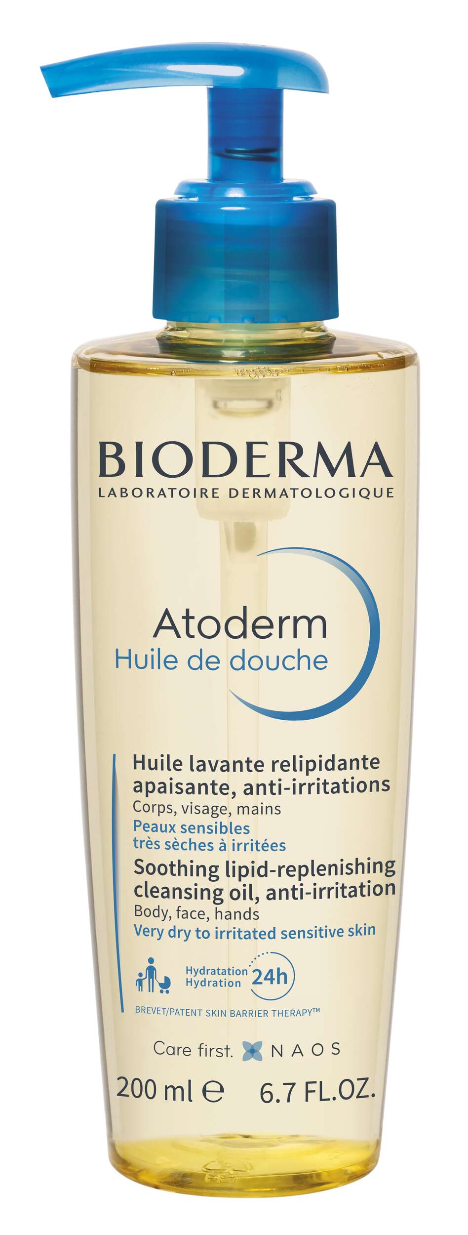 Flasche mit Bioderma Atoderm Duschöl in transparenter Verpackung, mit blauer Pumpe und Beschriftung auf Französisch und Englisch.