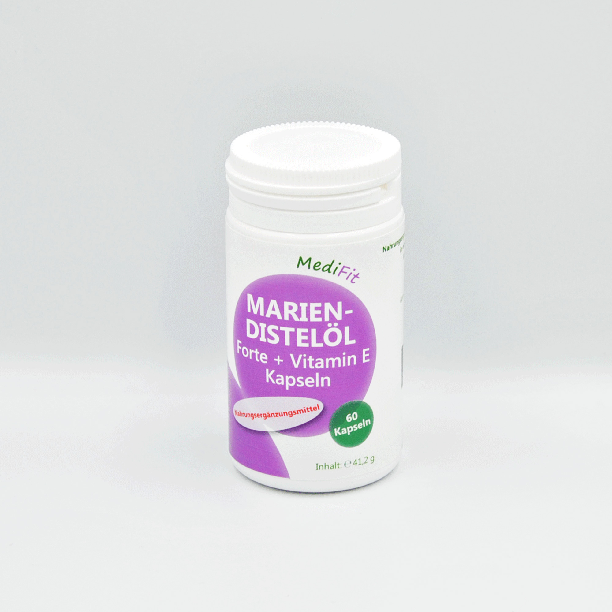 Weißes Behältnis mit Kapseln für Marien-Distelöl Forte und Vitamin E, 60 Kapseln, von MediFix.