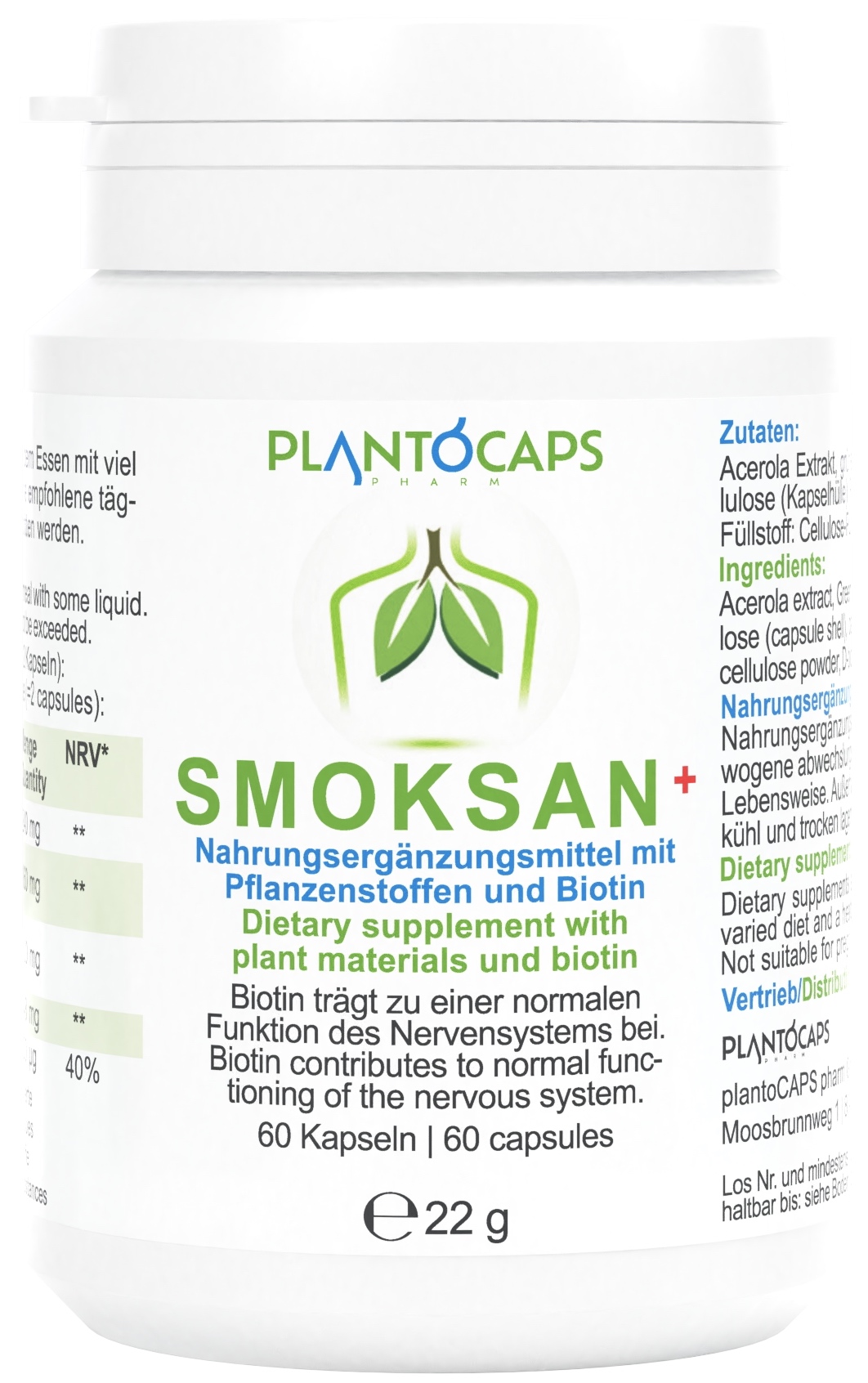 Weißes Flaschenkapselprodukt mit der Aufschrift "SMOKSAN+" und der Marke "PLANTOCAPS", enthält pflanzliche Stoffe und Biotin.