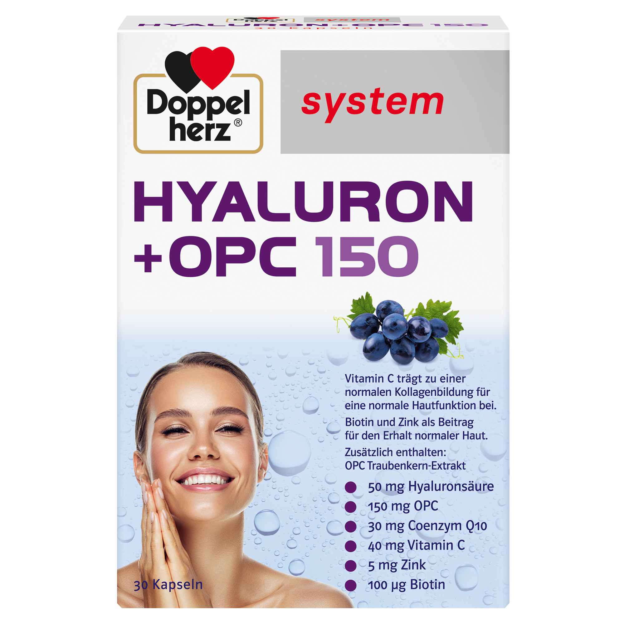 Packung mit dem Produkt "Doppelherz Hyaluron + OPC 150" für Nahrungsergänzungsmittel, mit Angaben zu Inhaltsstoffen und Anwendungshinweisen.