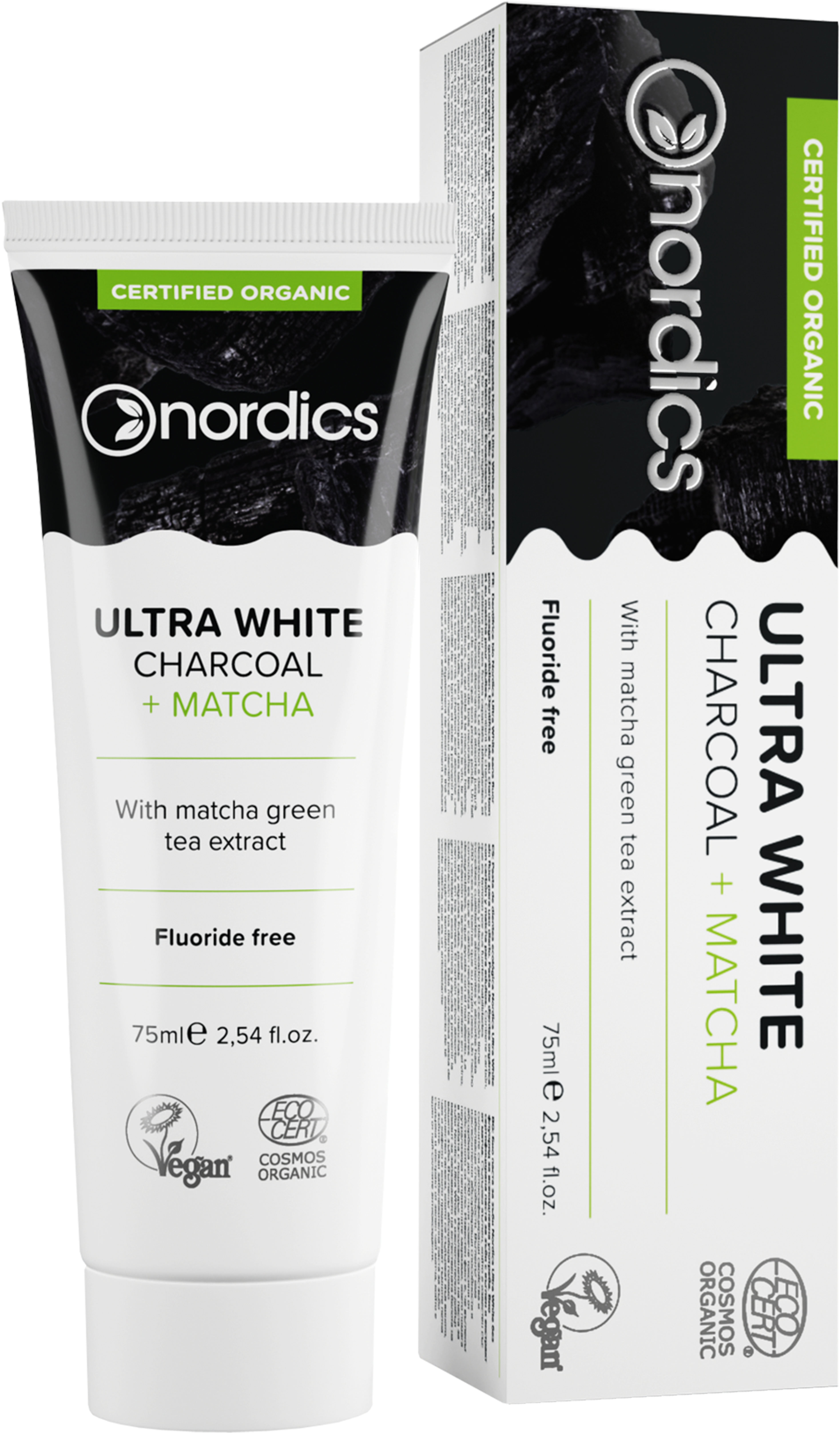 Nordics Bio Zahnpasta Ultra White Aktivkohle Matcha ohne Fluorid