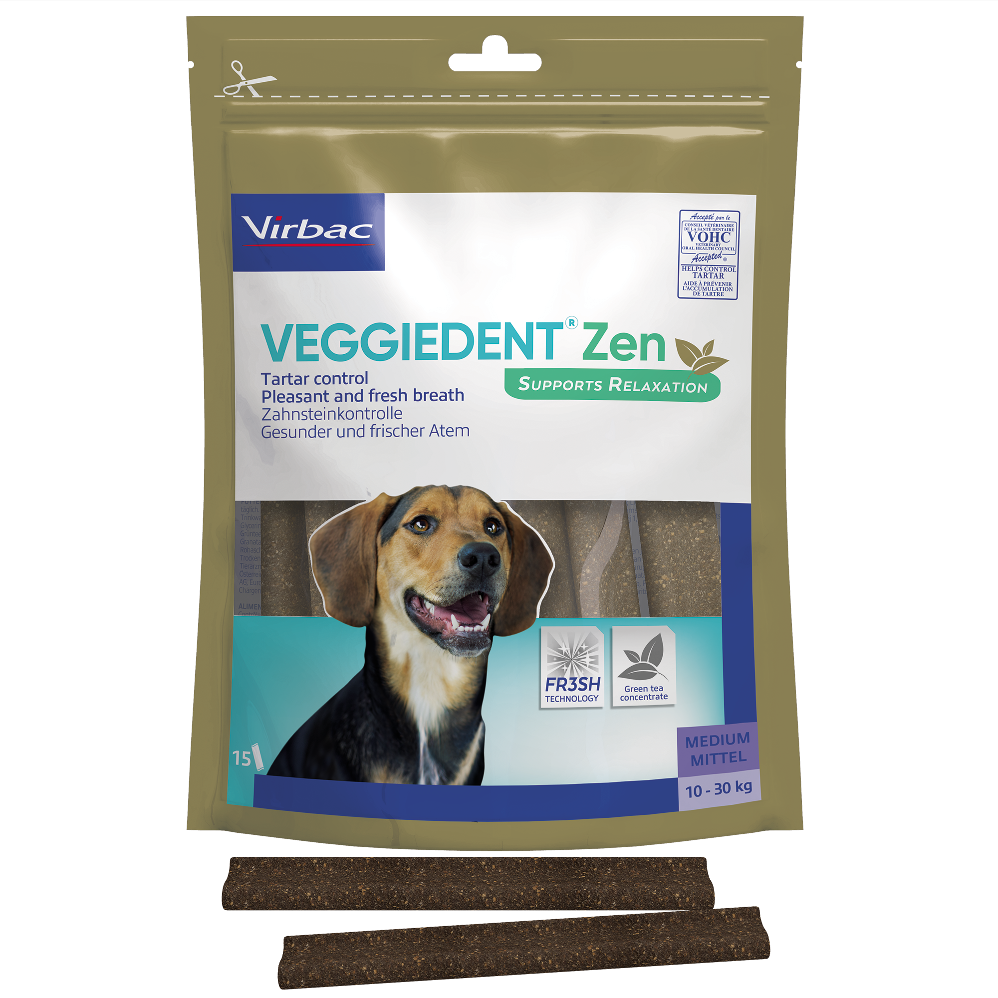 Packung von Virbac Veggiedent Zen für Hunde mit einem Beagle auf der Vorderseite, die Zahngesundheit und frischen Atem unterstützt.