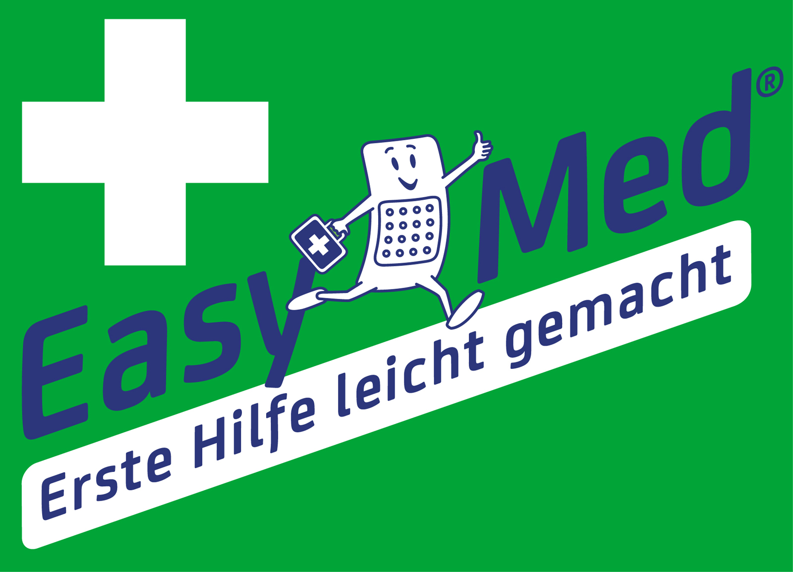 Logo von EasyMed mit dem Slogan „Erste Hilfe leicht gemacht“ und einer symbolischen Figur, die ein medizinisches Symbol in der Hand hält.
