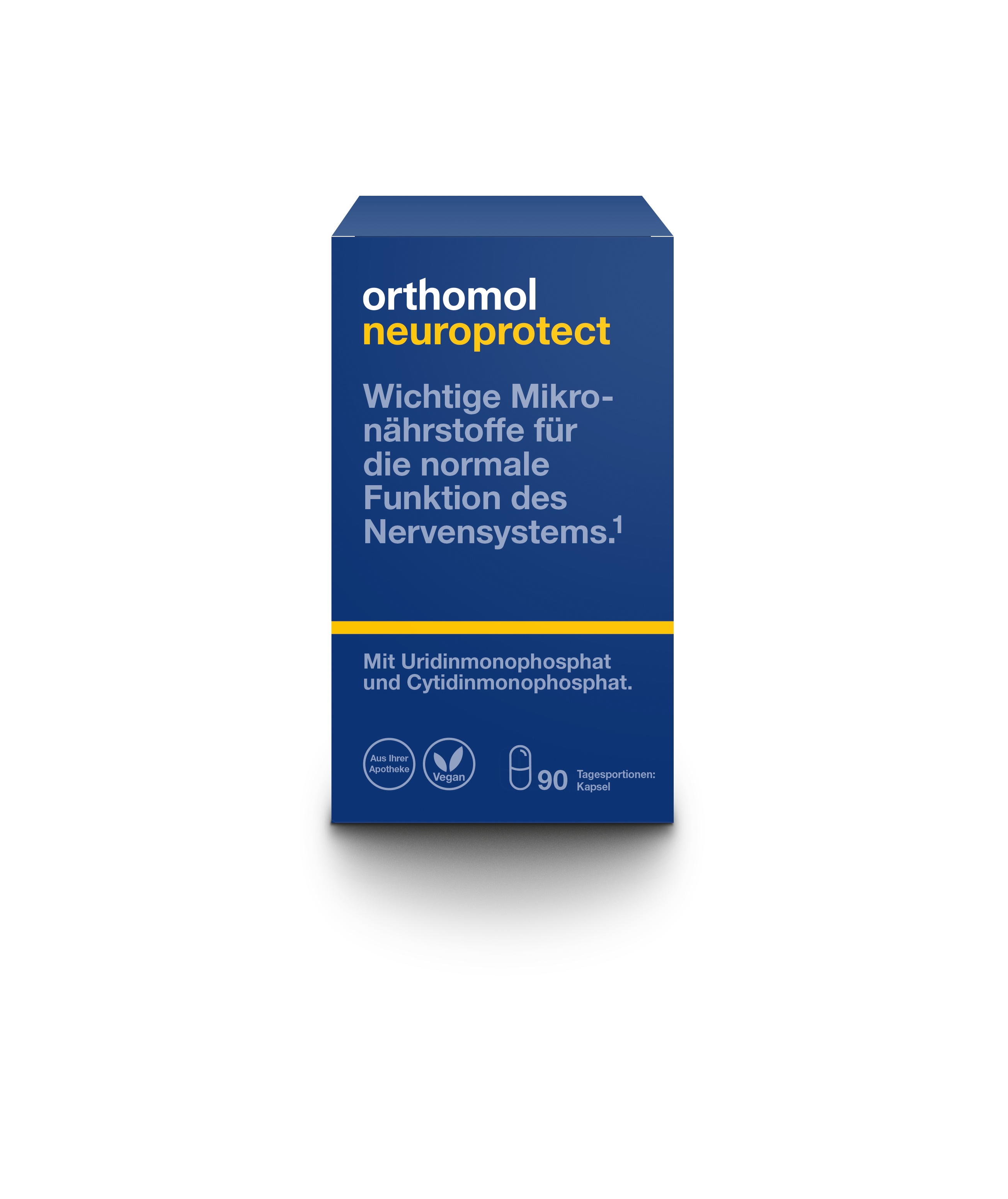 Produktverpackung von Orthomol Neuroprotect mit Informationen zu Mikronährstoffen für das Nervensystem.
