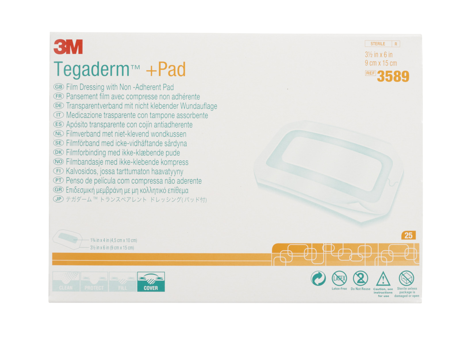 3M™ Tegaderm™+ PAD Transparentverband mit nicht klebender Wundauflage, 3589, 9 cm x 15 cm, 25 Stück/Packung