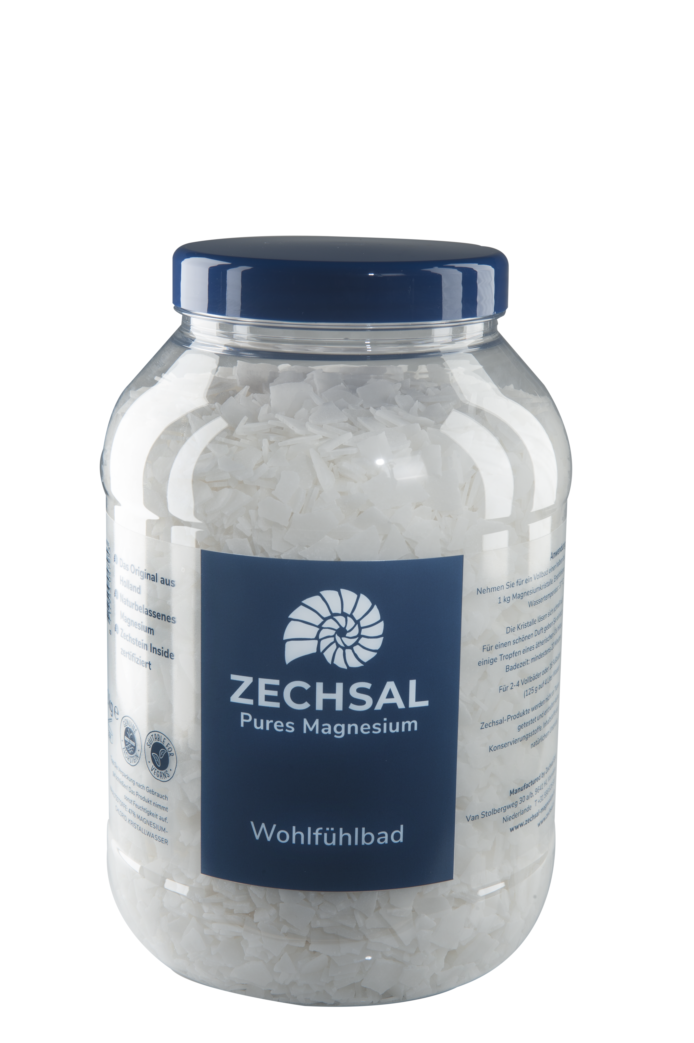 Glasbehälter mit Magnesiumflocken der Marke Zechsal, beschriftet mit "Pures Magnesium" und "Wohlfühlbad".