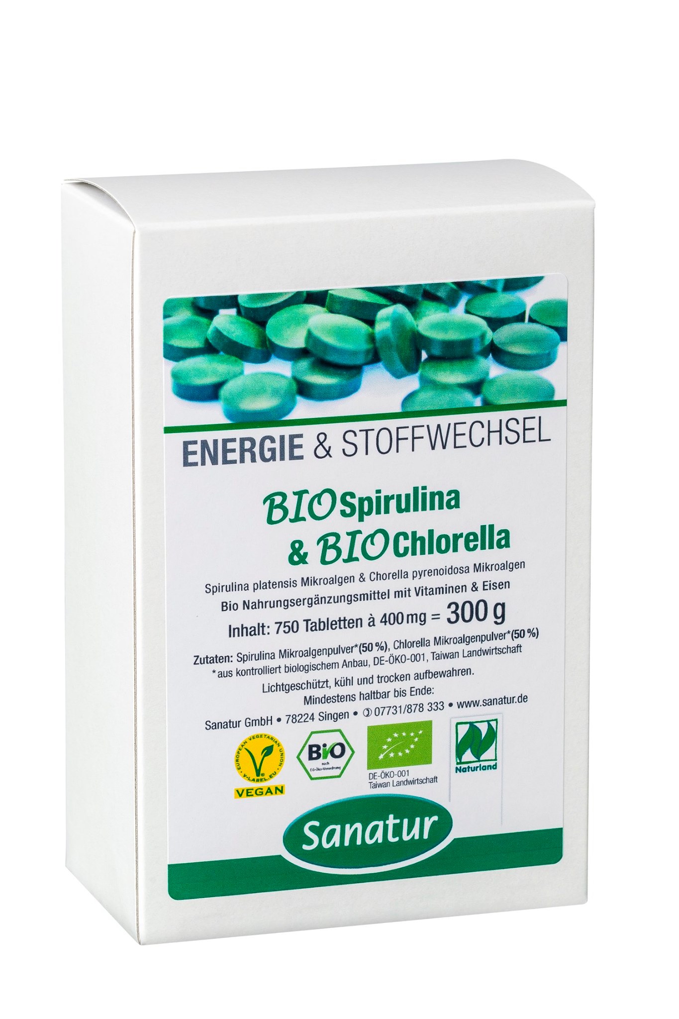 Verpackung des Produkts "BIO Spirulina & BIO Chlorella" von Sanatur, inklusive Beschreibung und Inhalt.