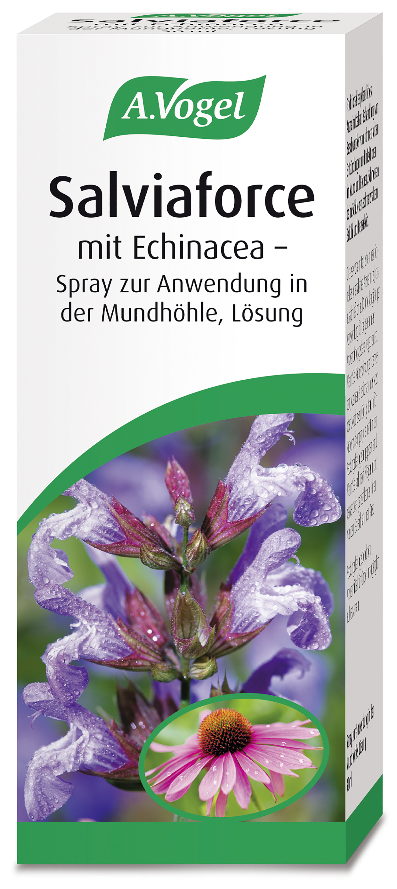 Verpackung des Salviaforce Sprays mit Echinacea von A.Vogel, Beschreibung und Anwendungshinweise auf der Seite.