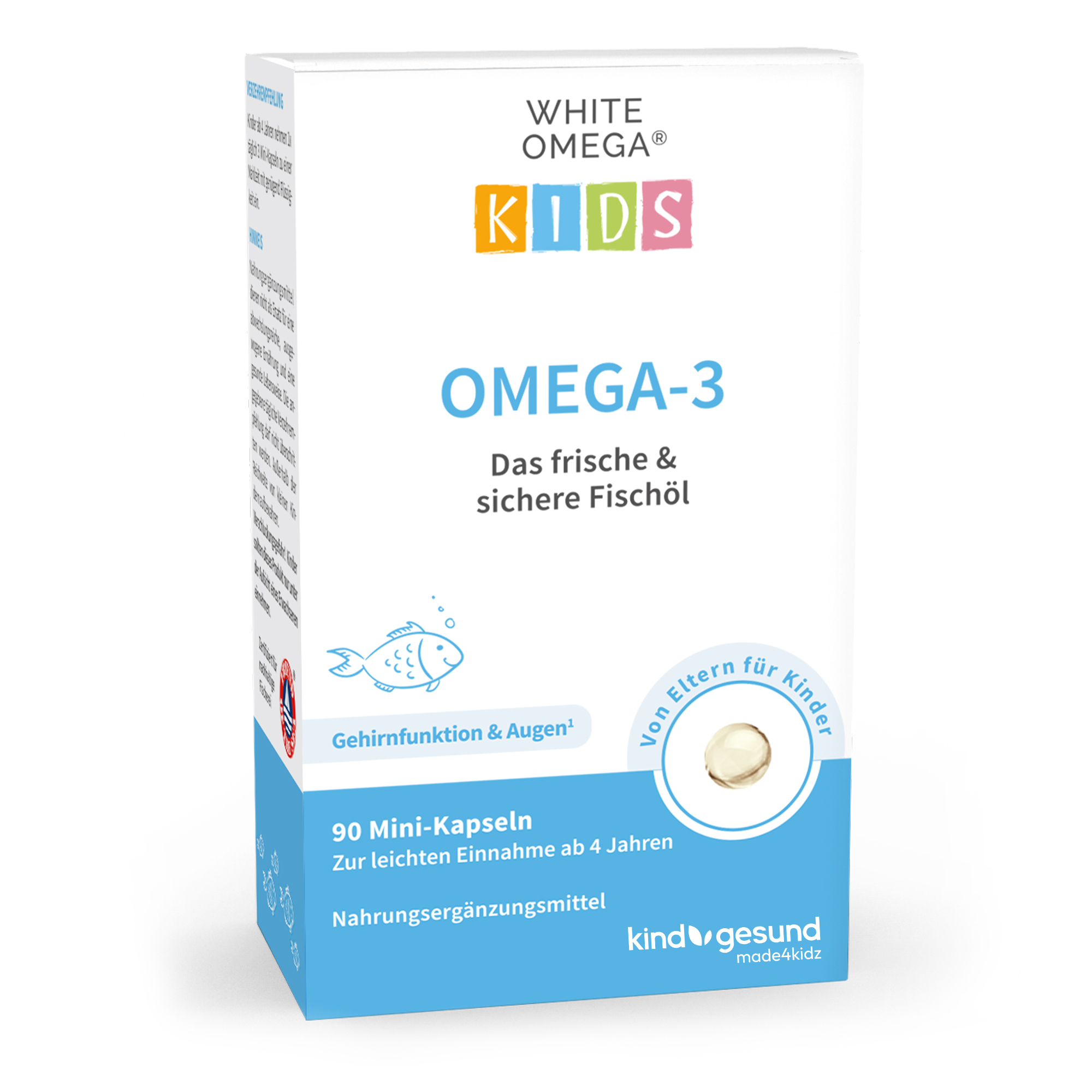 Verpackung von WHITE OMEGA KIDS Omega-3 Nahrungsergänzungsmittel mit 90 Mini-Kapseln für Kinder ab 4 Jahren.